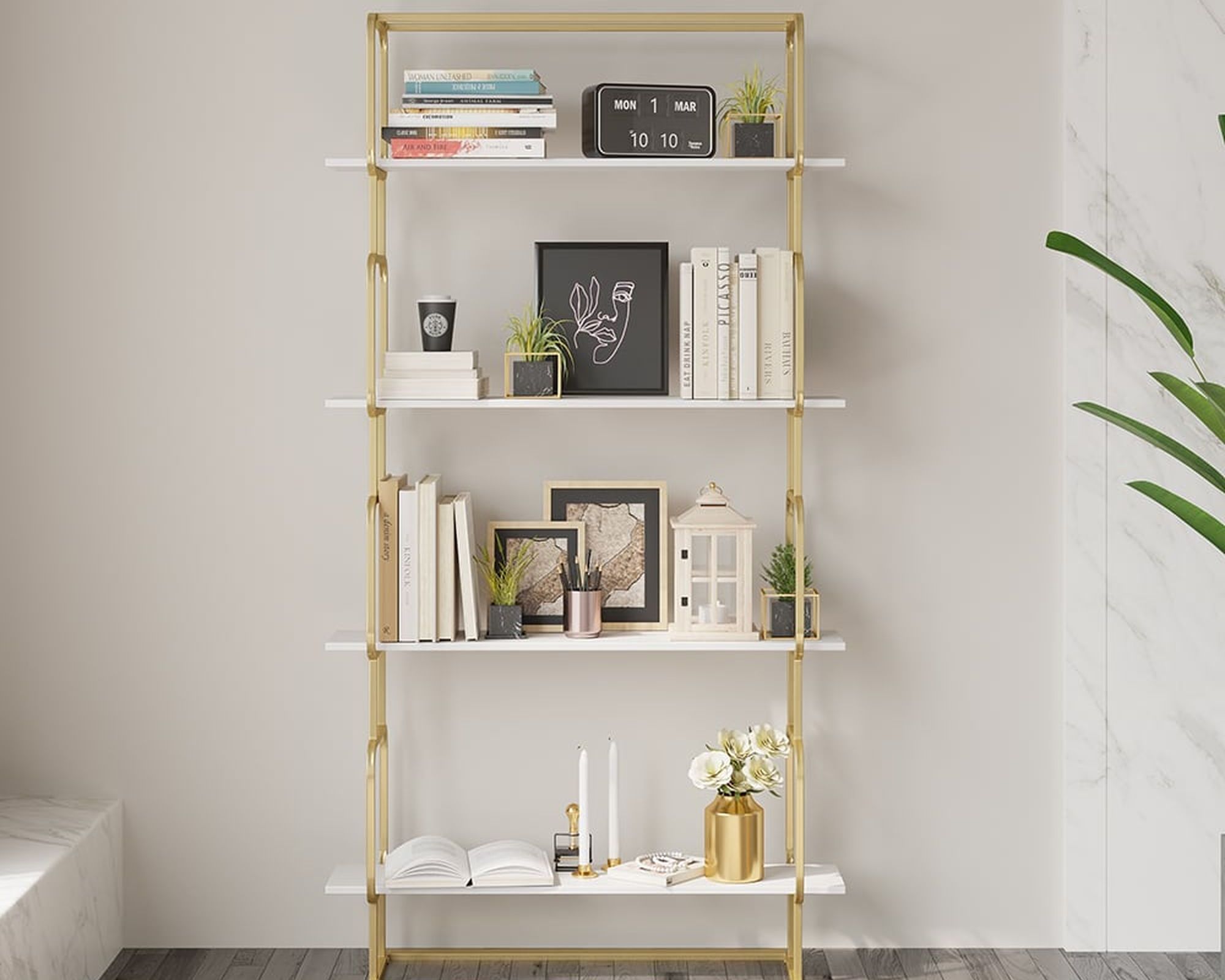 HMR Modern Freestanding 32" Etagere Bookshelf - White/Gold