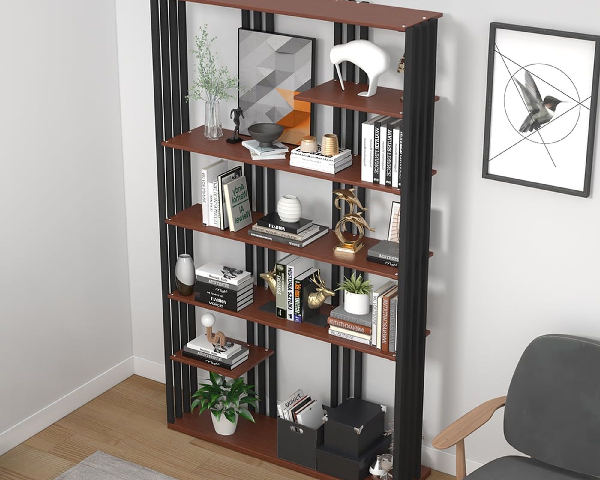 HMR Modern Etagere Bookshelf with 6-Shelf - Black/Walnut