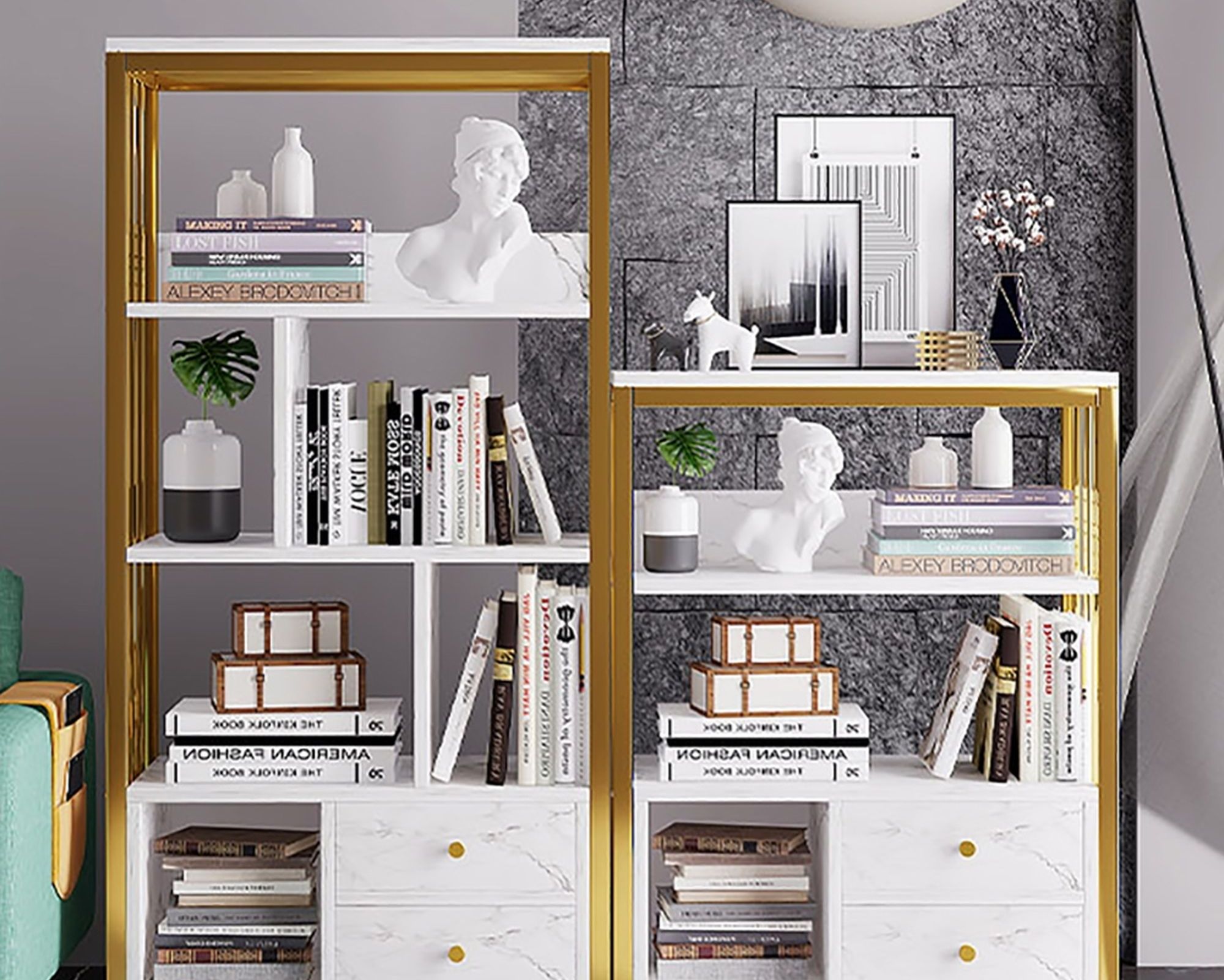 HMR Modern 47" Bookshelf with 2 Drawers - Gold/White