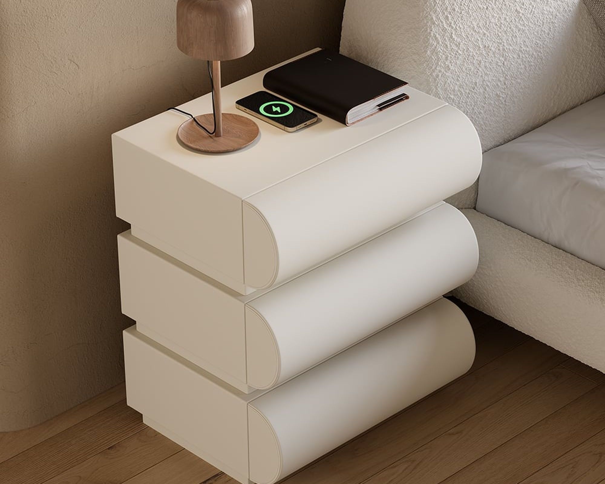 HMR Humply Modern Leather Smart Nightstand with Wireless Charger Drawers - White, 3-Drawer, Single