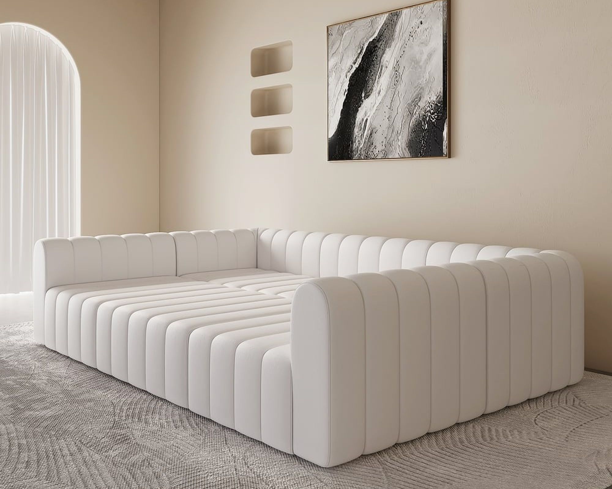 HMR 118.9" Modular Pit Sectional Sofa Set Convertible 6-Seater - White, Microfiber Leather