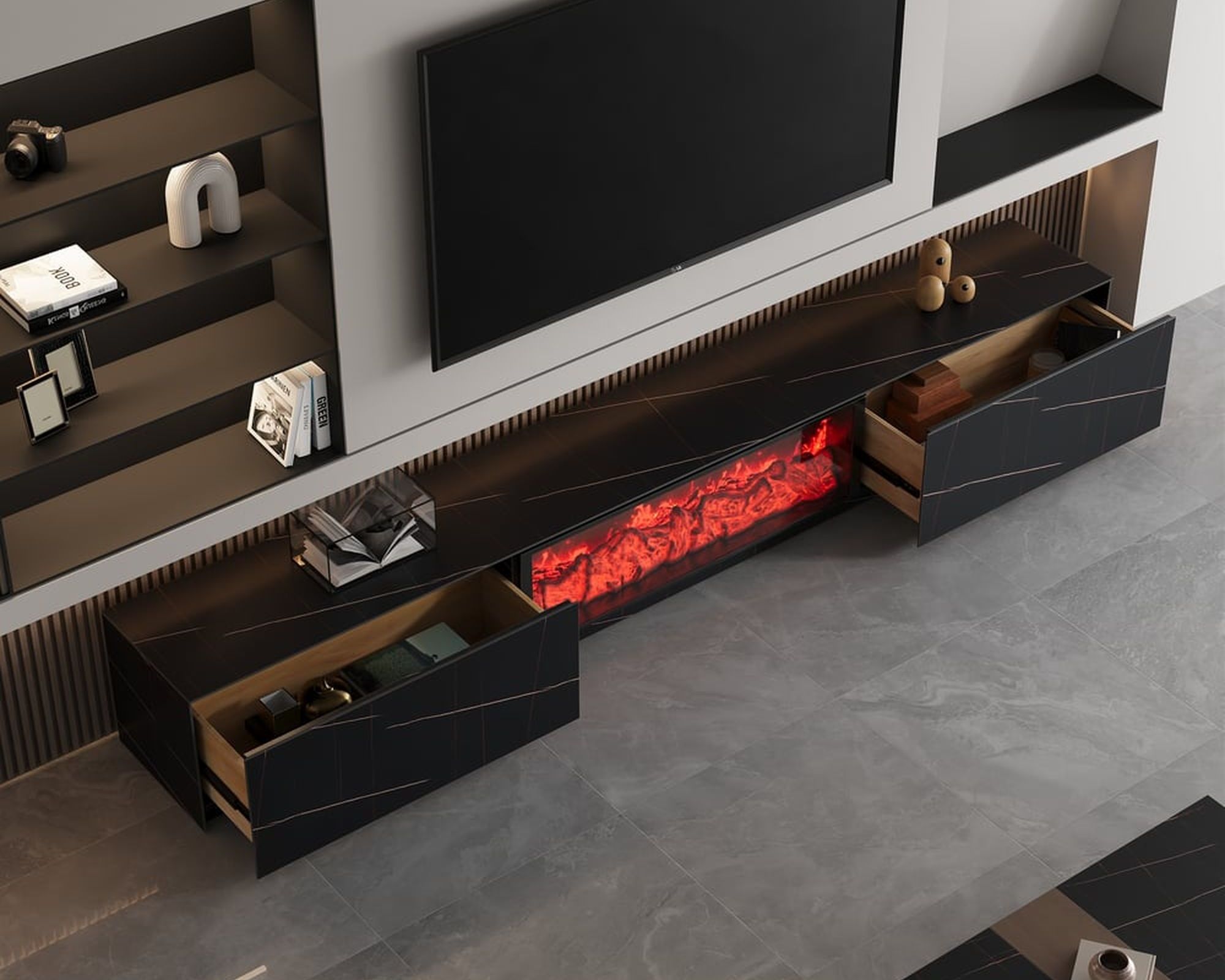 HMR Electric Fireplace TV Stand with 2 Drawers - Black, Sintered Stone, 78.7"W×15.4"D×15.4"H