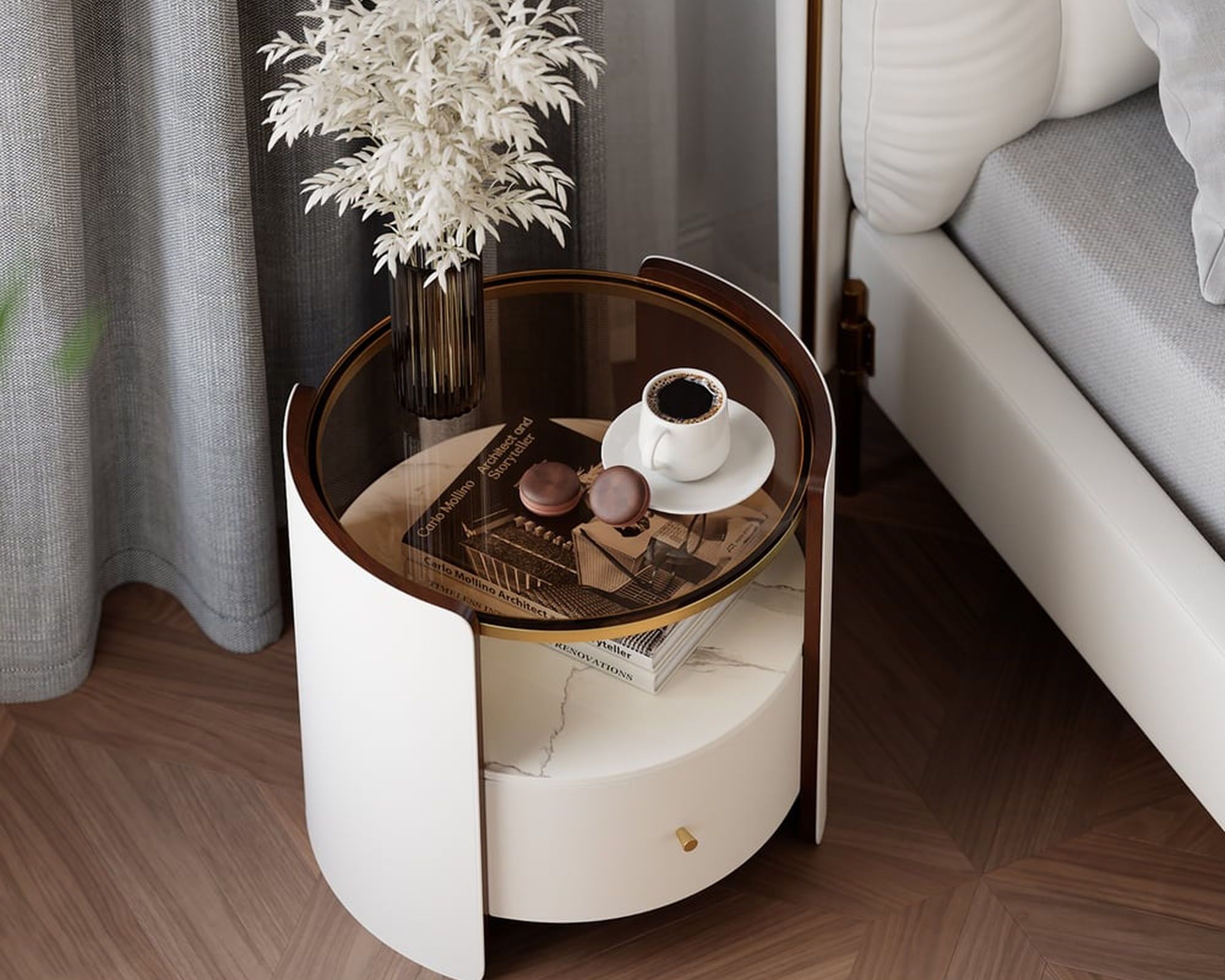 HMR Modern Round Leather Nightstand with Glass Top & Sintered Stone Bedside with Shelf