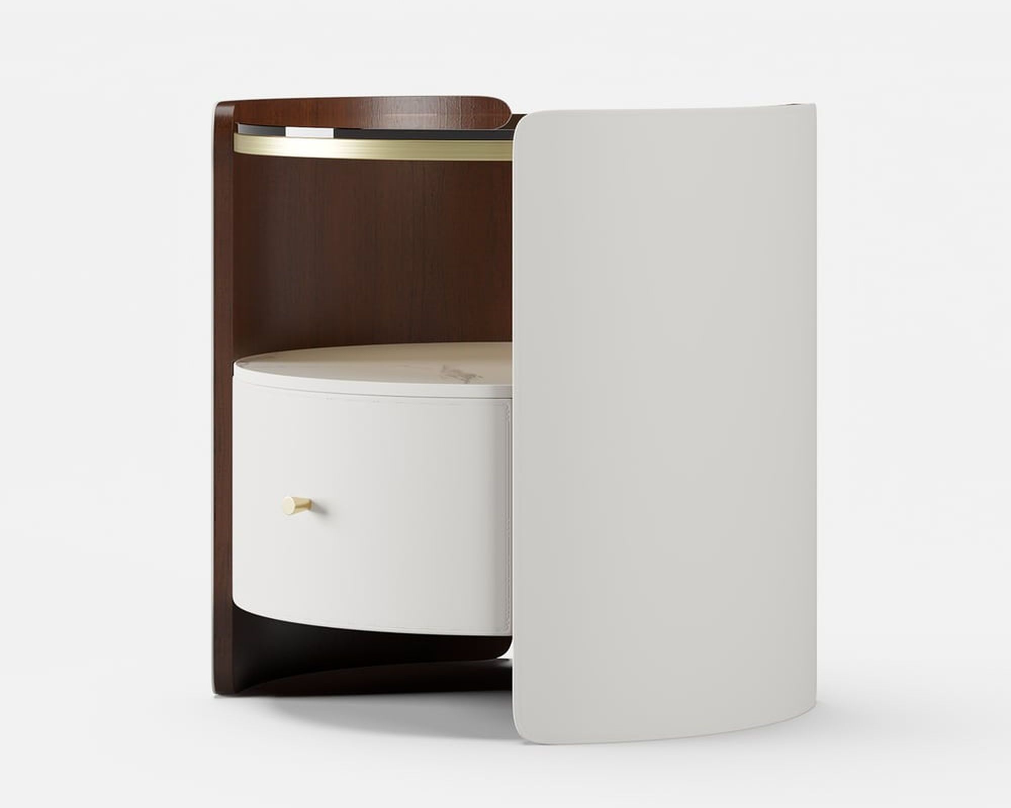 HMR Modern Round Leather Nightstand with Glass Top & Sintered Stone Bedside with Shelf