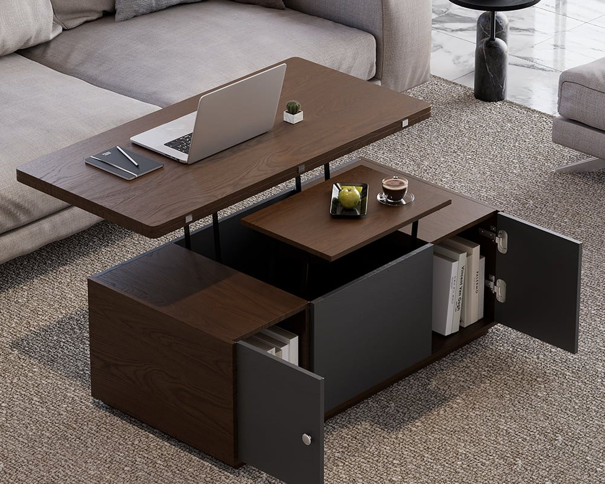 HMR Modern Multi-functional Rectangle Lift-top Coffee Table Extendable with Storage