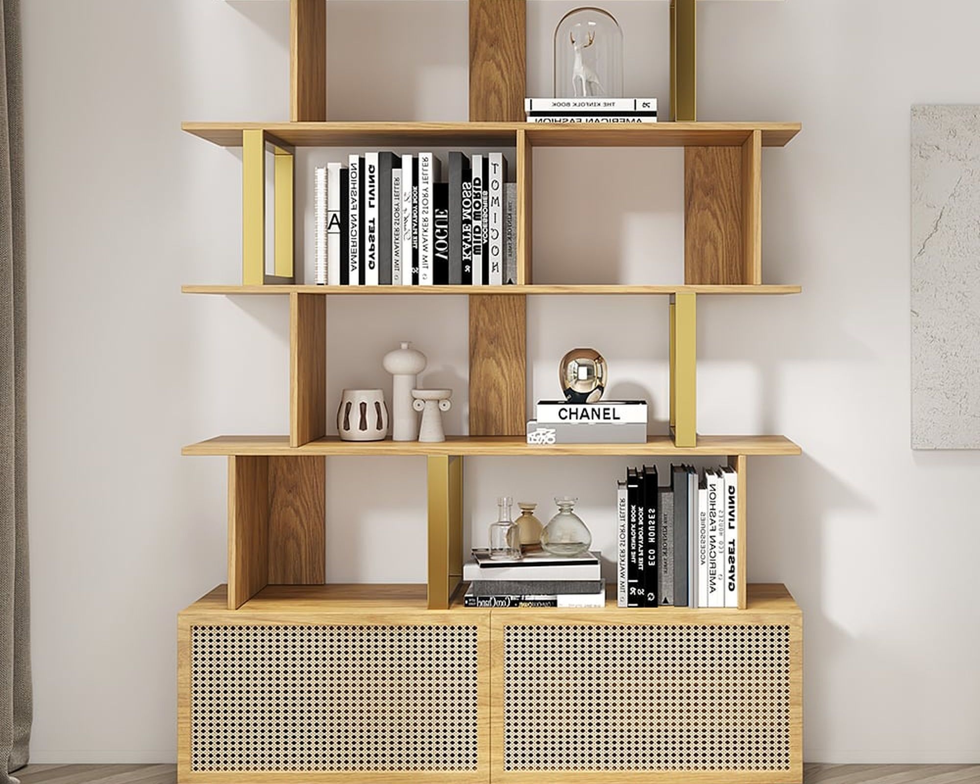 HMR 5-Tier Wood Bookshelf with 2 Doors Modern Bookcase in Gold Finish