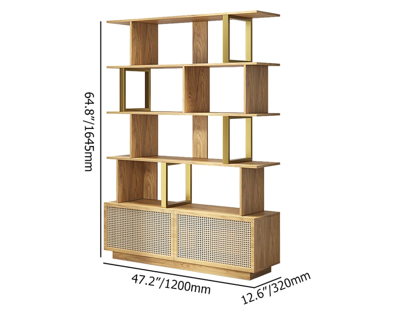 HMR 5-Tier Wood Bookshelf with 2 Doors Modern Bookcase in Gold Finish - Natural