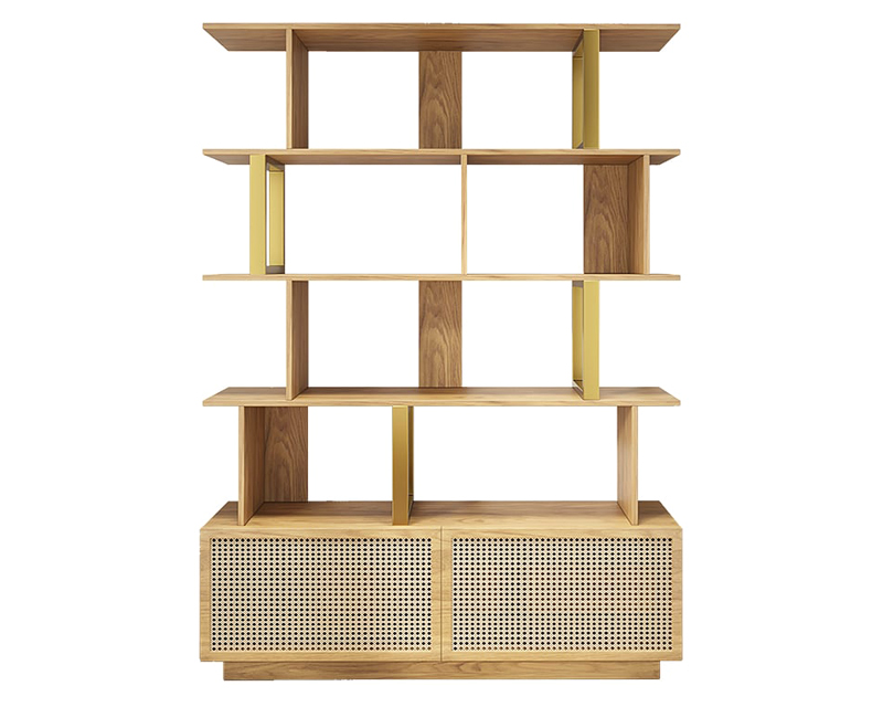 HMR 5-Tier Wood Bookshelf with 2 Doors Modern Bookcase in Gold Finish - Natural