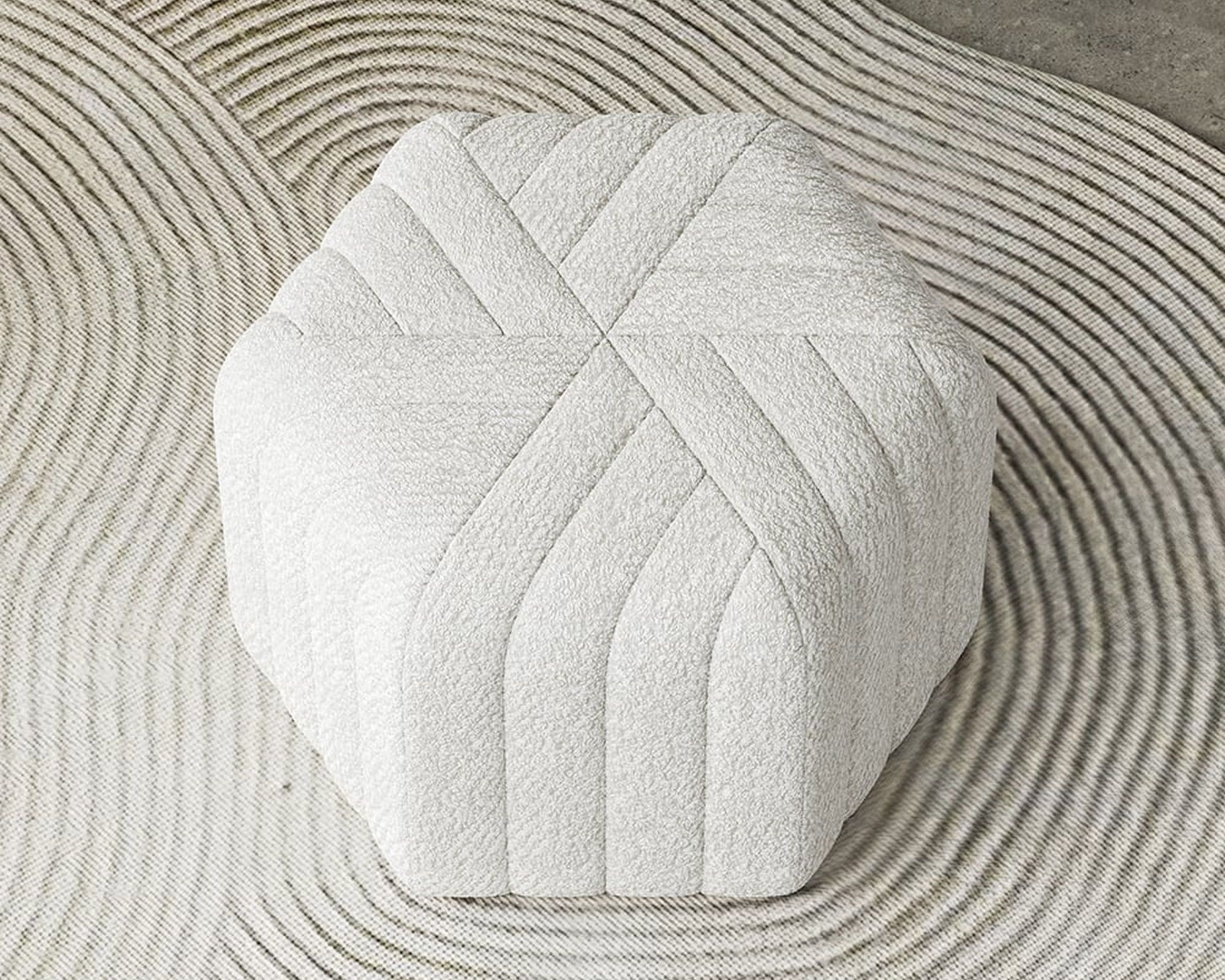 HMR Wide Hexagonal Pouf Ottoman - White, Velvet