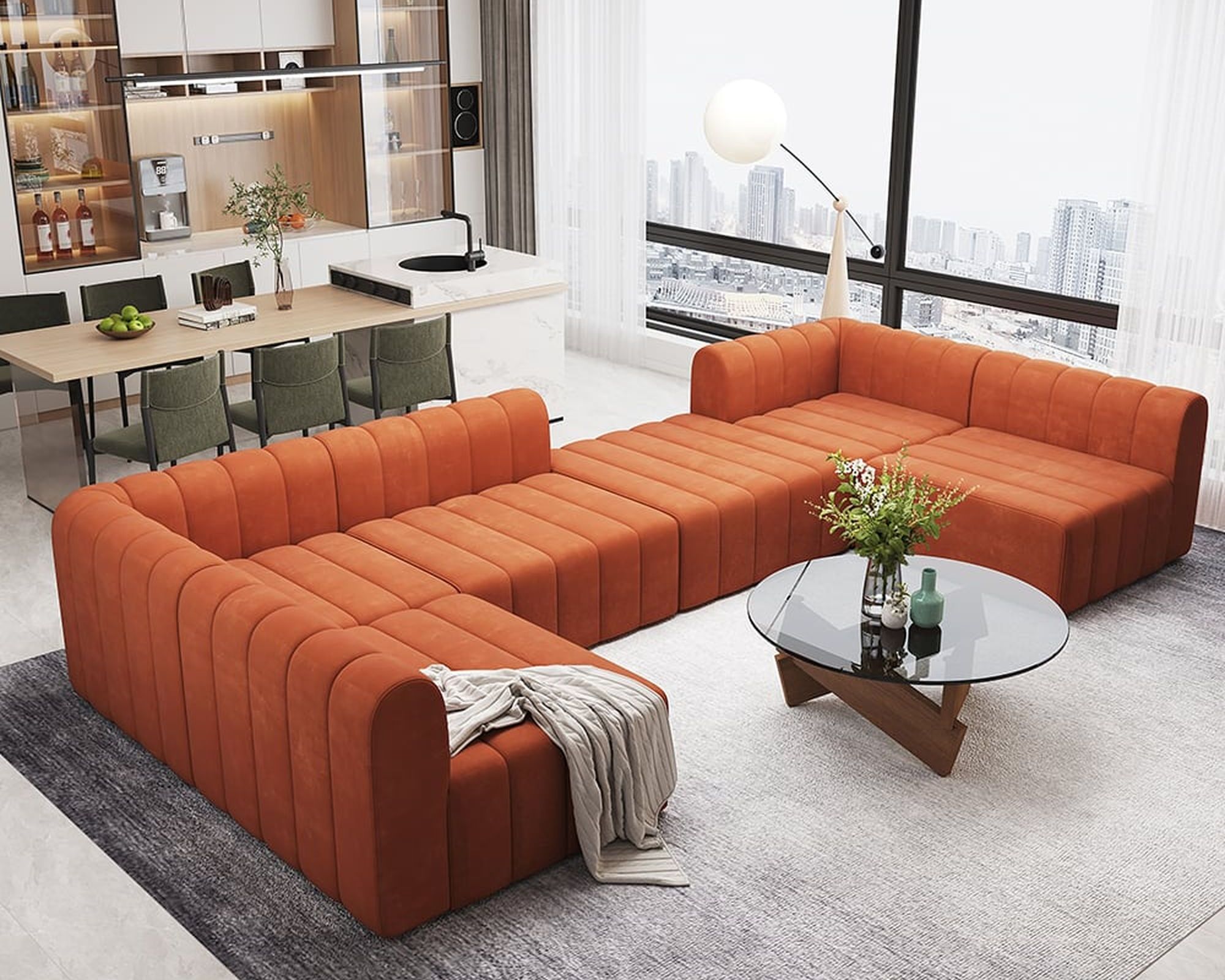 HMR 118.9" Modular Pit Sectional Sofa Set Convertible 6-Seater - Orange, Velvet