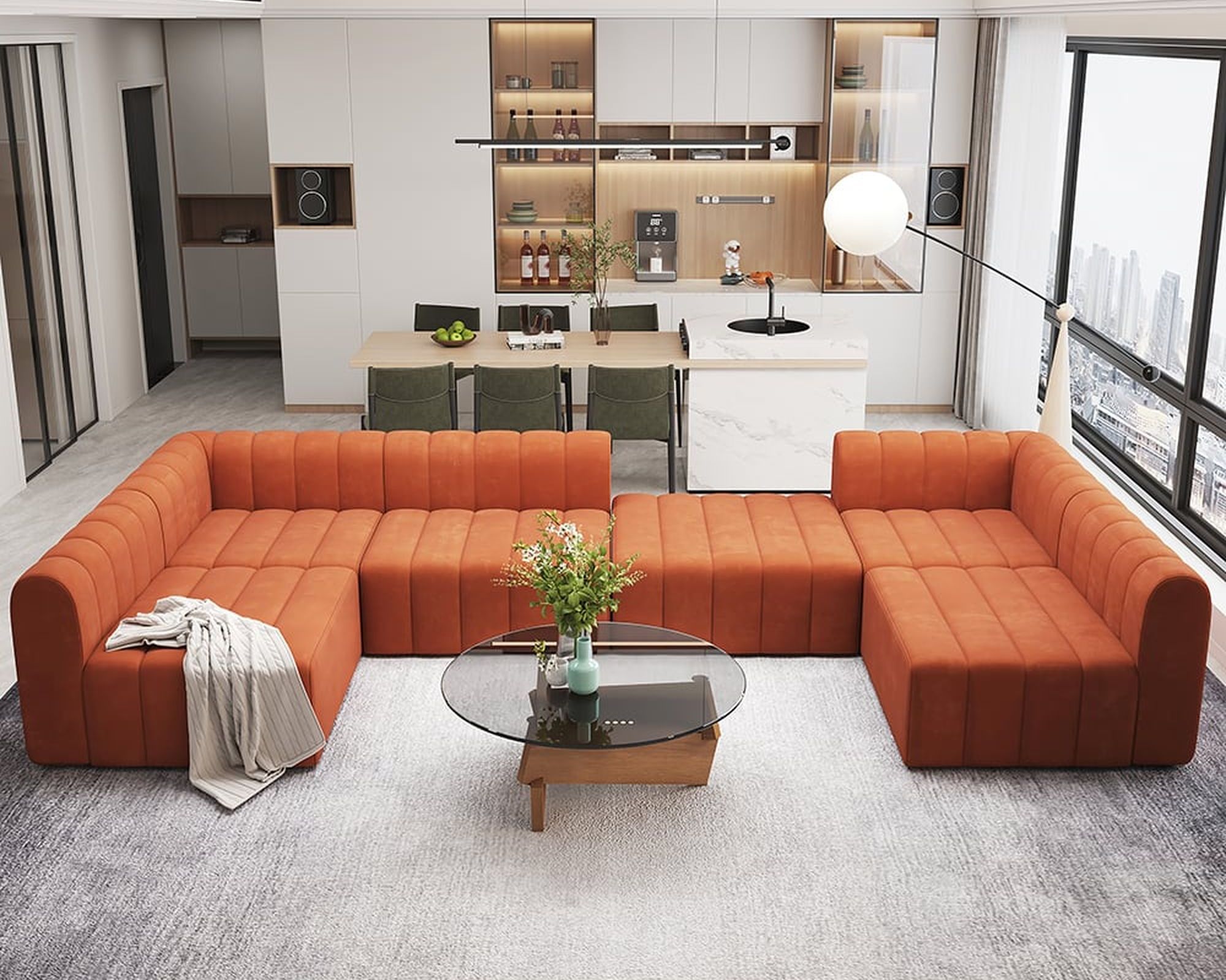 HMR 118.9" Modular Pit Sectional Sofa Set Convertible 6-Seater - Orange, Velvet