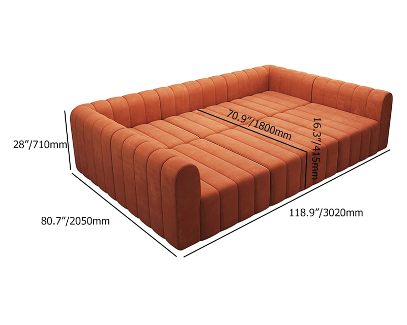 HMR 118.9" Modular Pit Sectional Sofa Set Convertible 6-Seater - Orange, Velvet