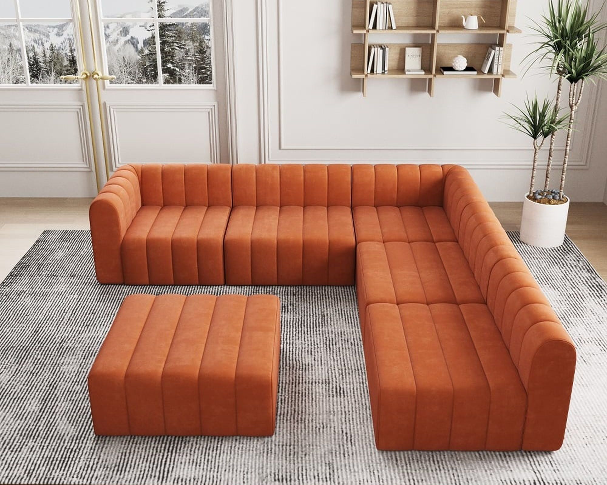 HMR 118.9" Modular Pit Sectional Sofa Set Convertible 6-Seater - Orange, Velvet