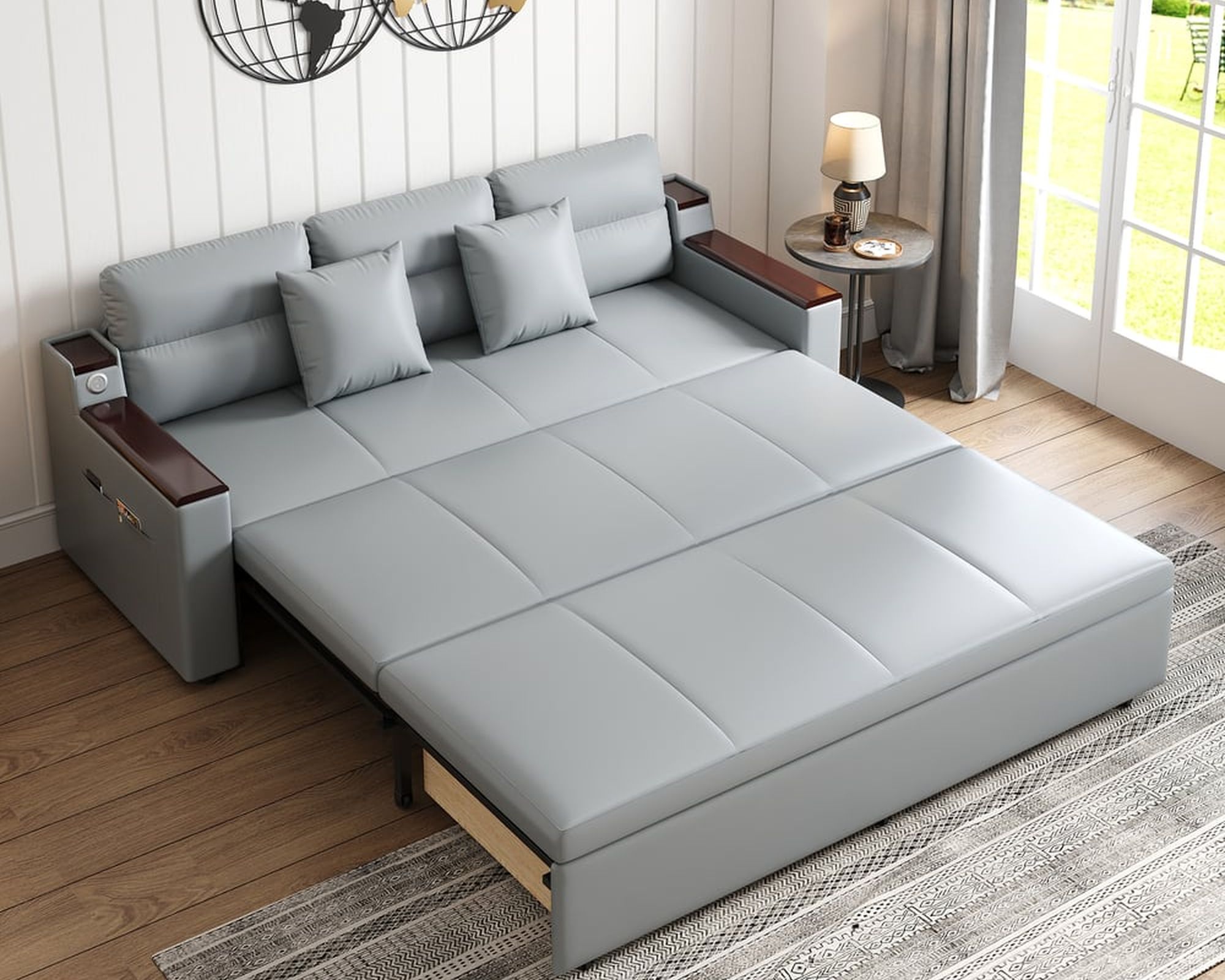 HMR 83" King 3-Seater Sleeper Sofa with Trundle & USB Port - Light Gray, Leath-Aire