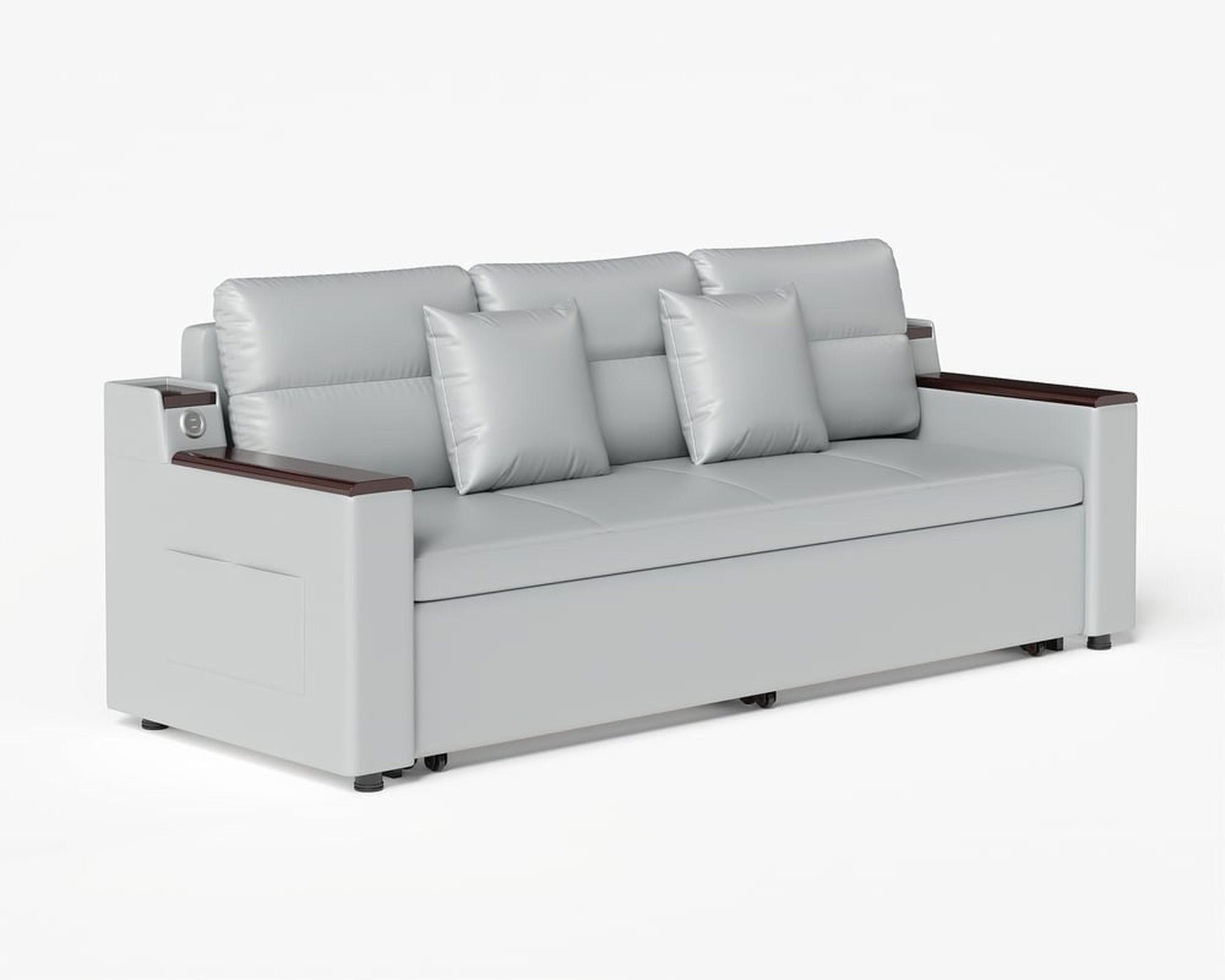 HMR 83" King 3-Seater Sleeper Sofa with Trundle & USB Port - Light Gray, Leath-Aire