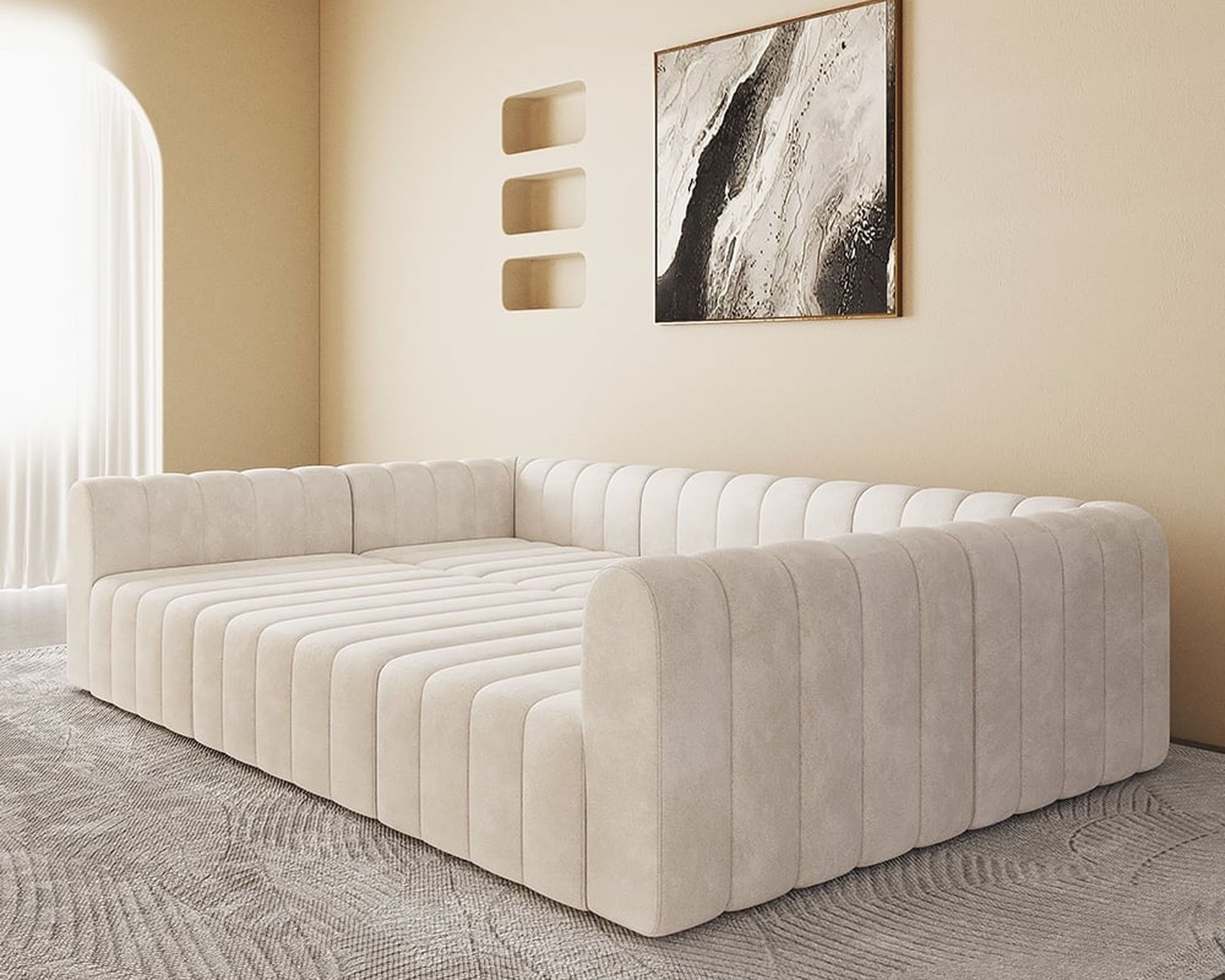 HMR 118.9" Modular Pit Sectional Sofa Set Convertible 6-Seater - Off White, Velvet