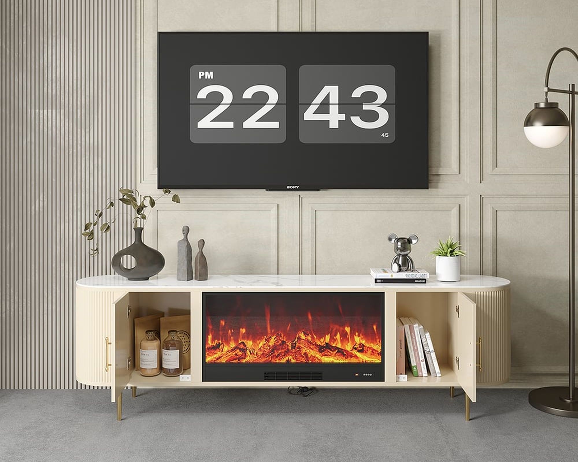 HMR 78.7" Modern Electric Fireplace TV Stand Sintered Stone Top with Remote Control - Beige