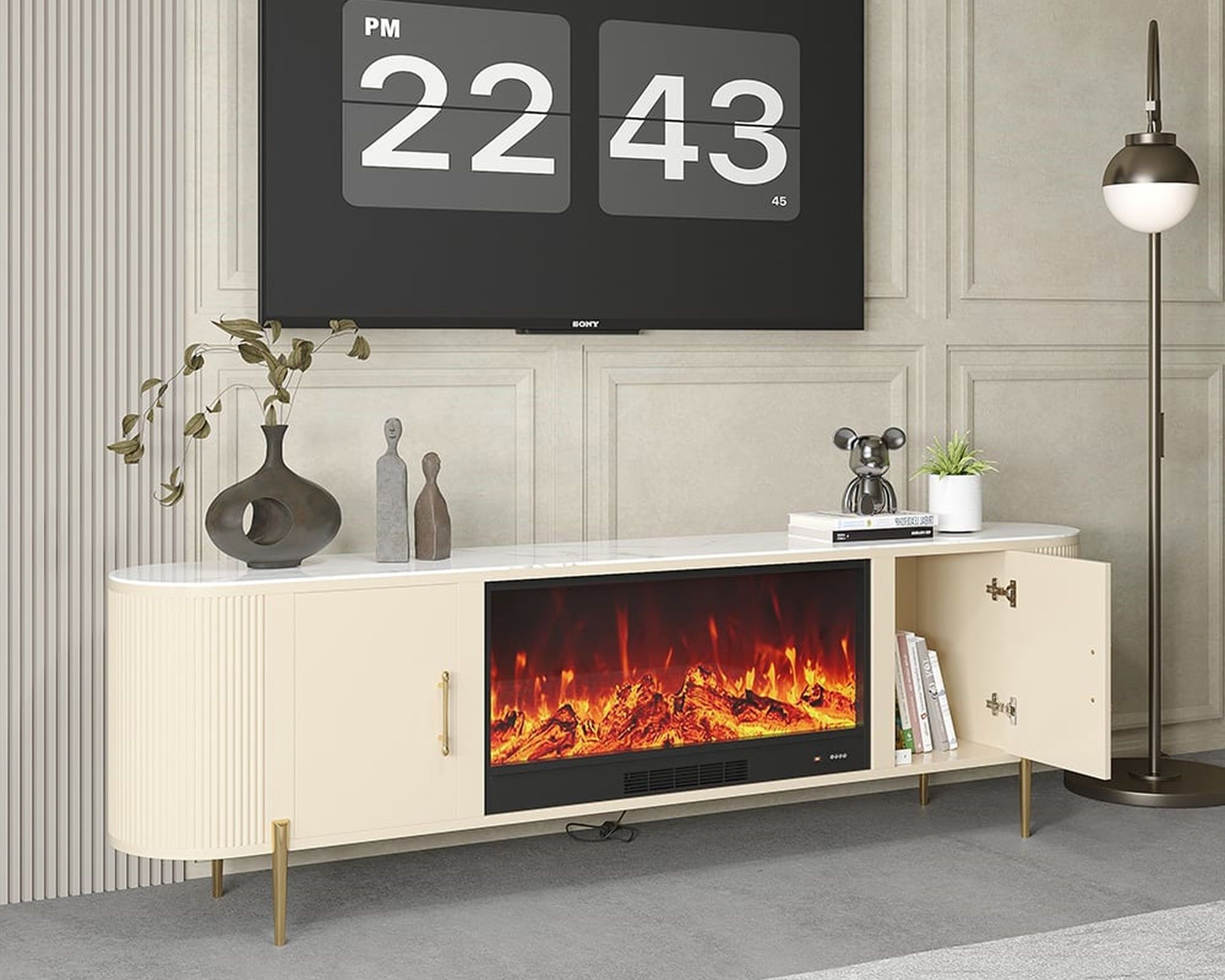 HMR 78.7" Modern Electric Fireplace TV Stand Sintered Stone Top with Remote Control - Beige