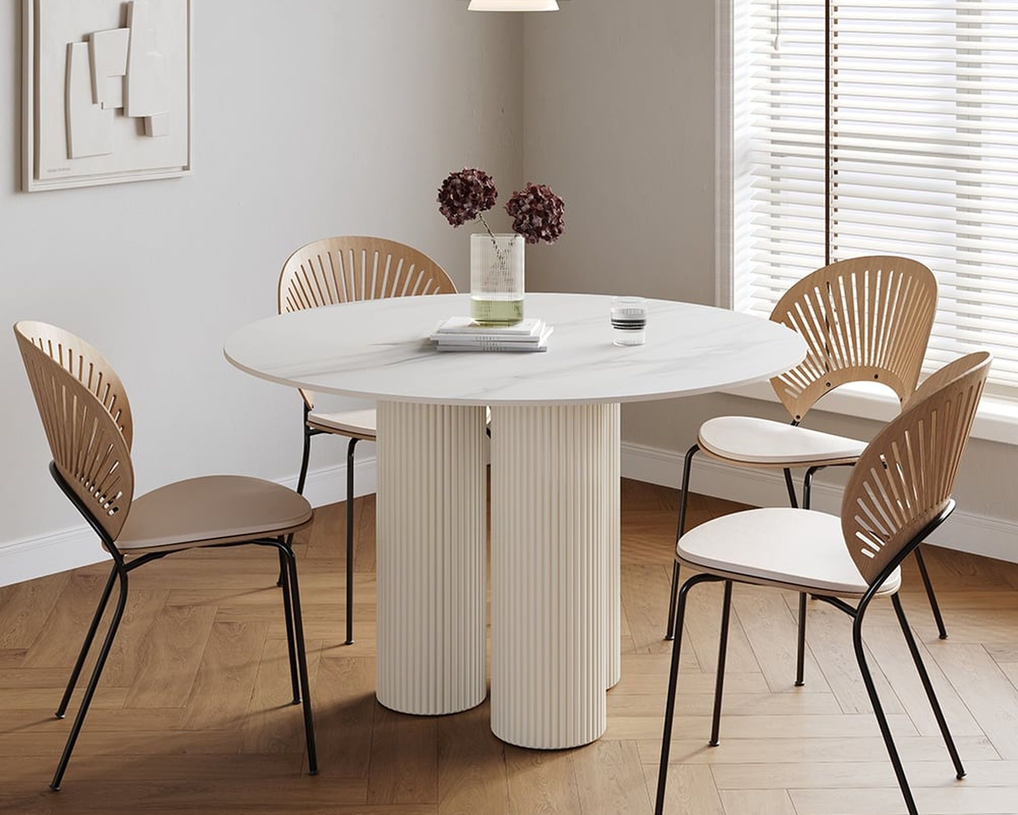 HMR Modern Round Sintered Stone Dining Table - White, 39.4"L x 39.4"W x 29.5"H