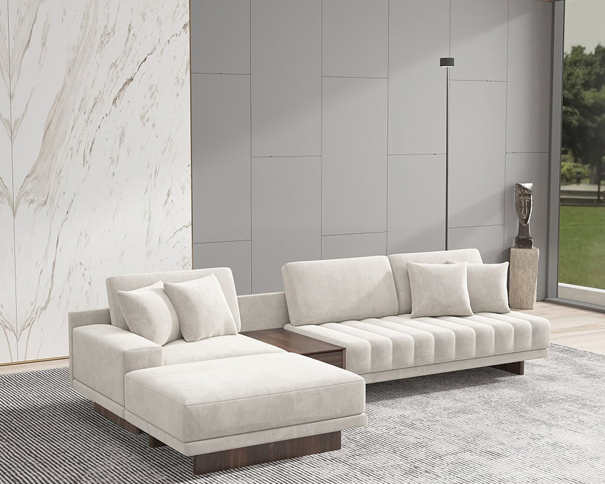 HMR 126" L-Shaped Modular Sectional with Chaise & Ottoman - Ivory, Velvet