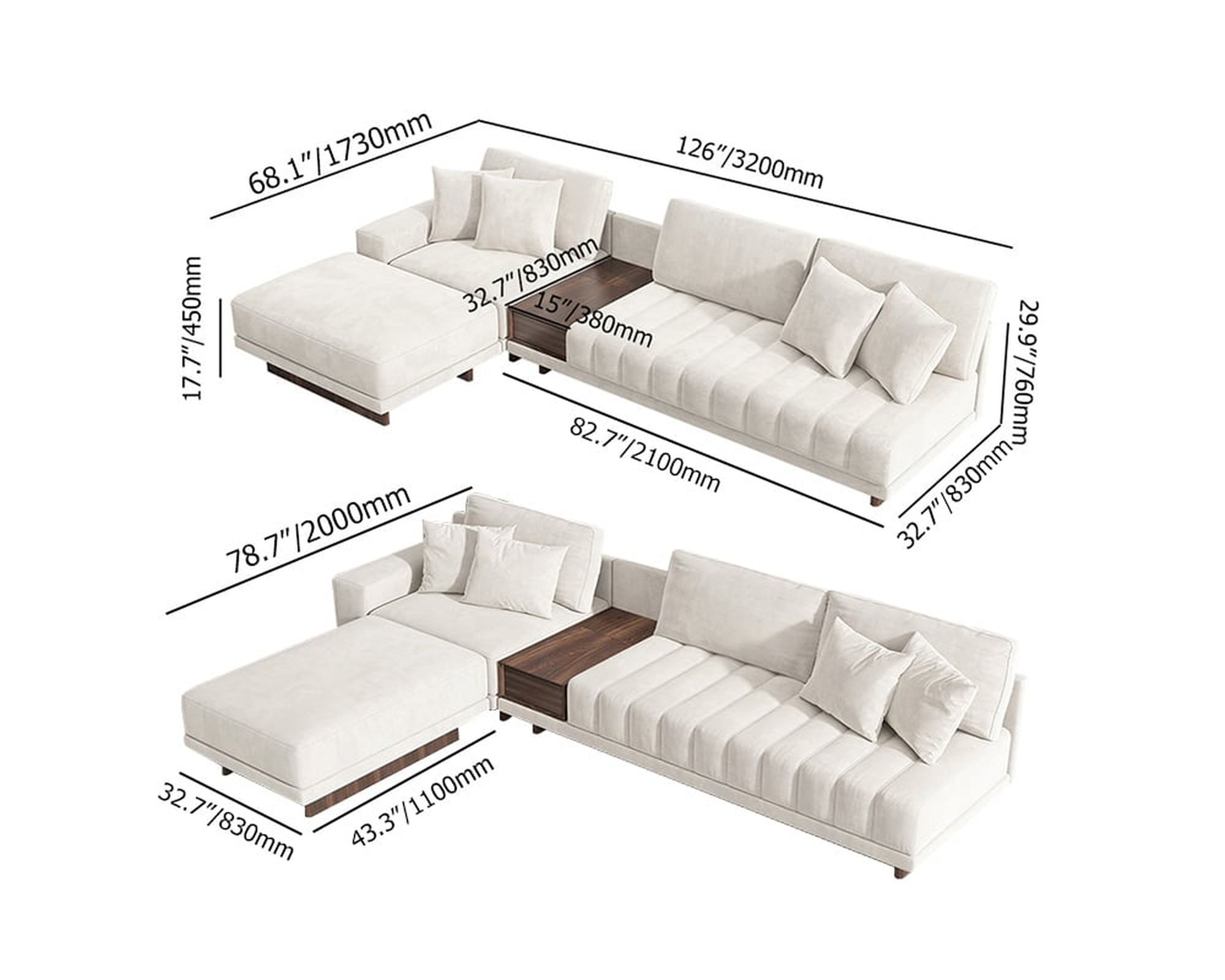 HMR 126" L-Shaped Modular Sectional with Chaise & Ottoman - Ivory, Velvet