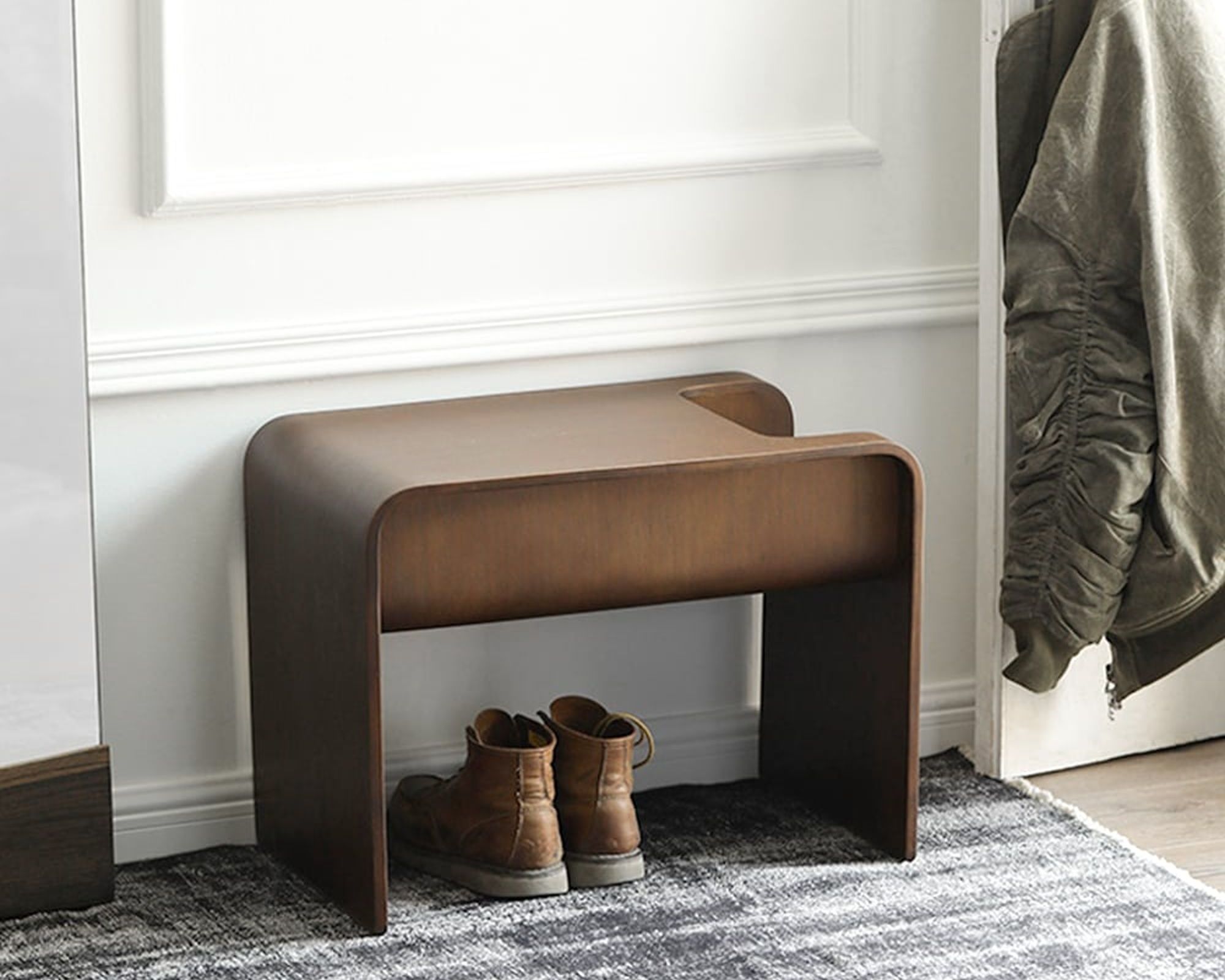 HMR C-Shaped Convertible Wood Side Table with Storage - Walnut