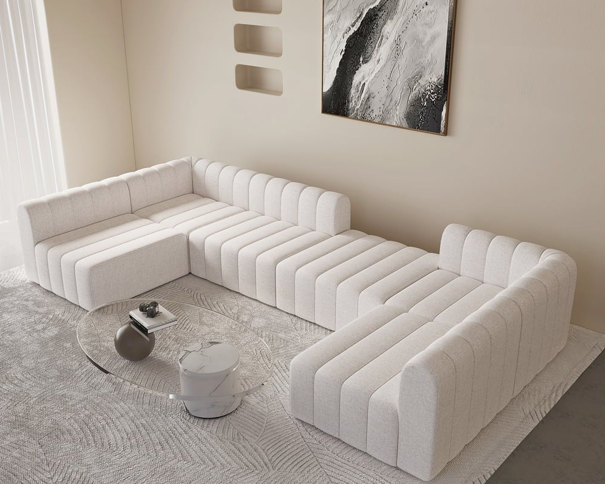 HMR 118.9" Modular Pit Sectional Sofa Set Convertible 6-Seater - White, Cotton Linen