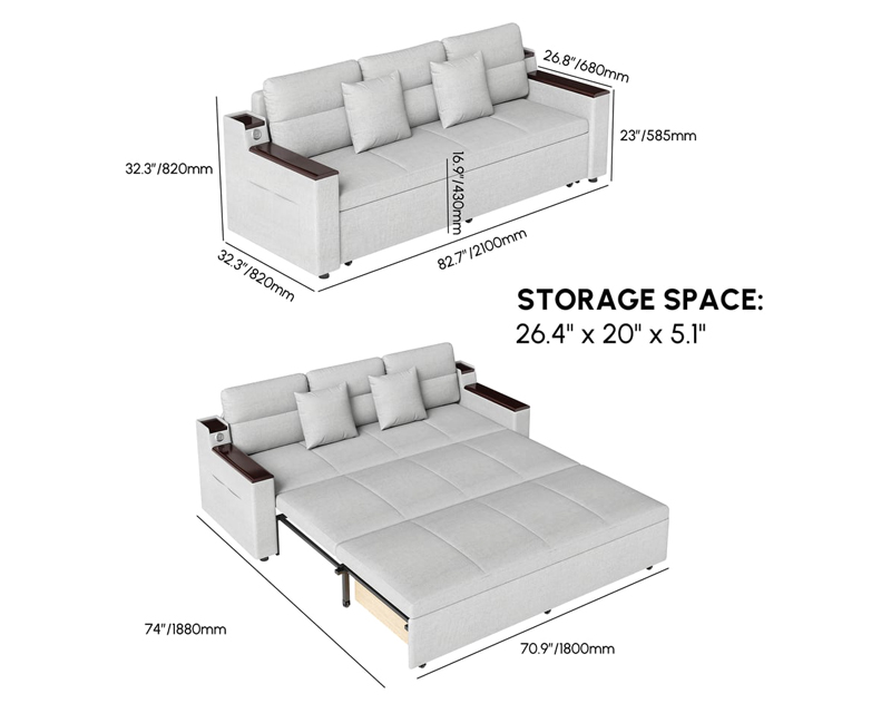 HMR 83" King 3-Seater Sleeper Sofa with Trundle & USB Port - Light Gray, Linen