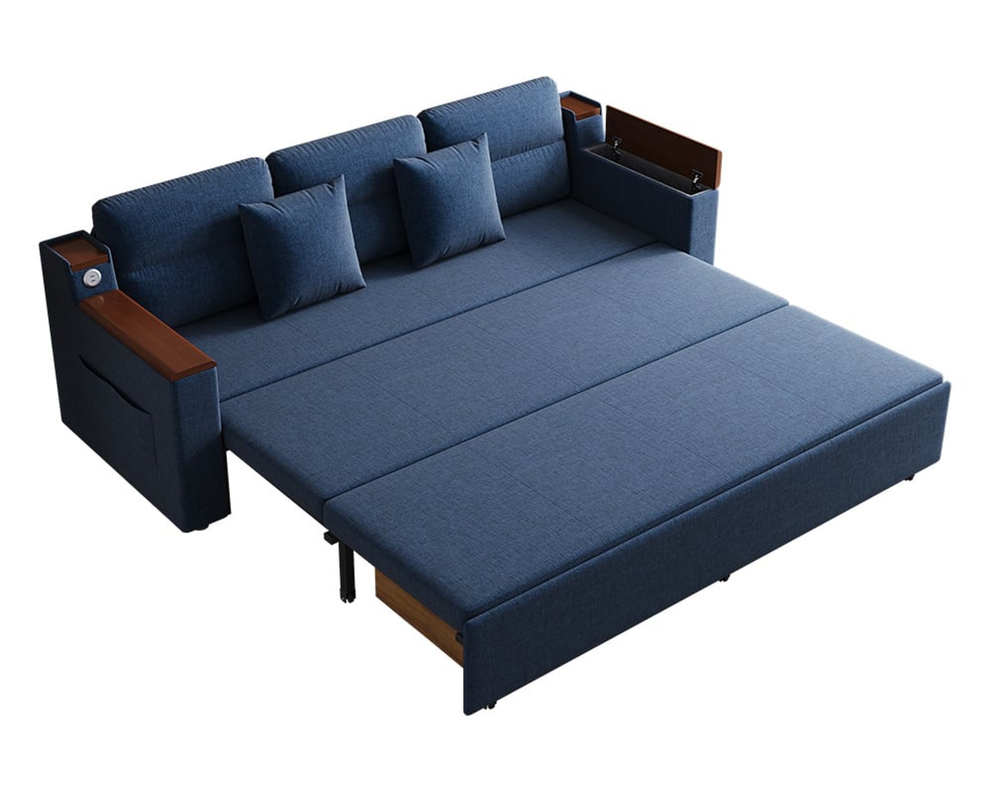 HMR 83" King 3-Seater Sleeper Sofa with Trundle & USB Port - Blue, Linen