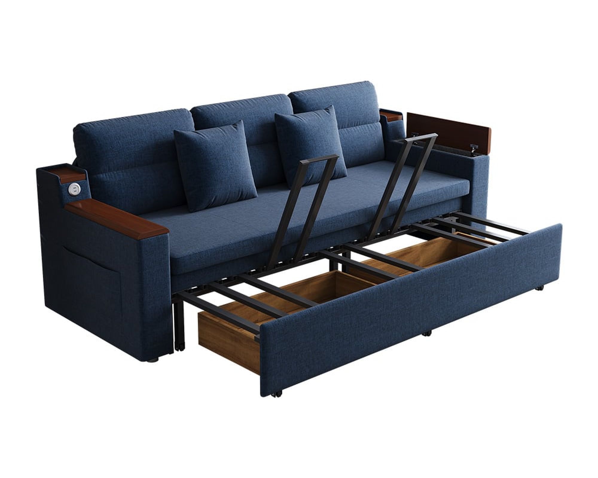 HMR 83" King 3-Seater Sleeper Sofa with Trundle & USB Port - Blue, Linen