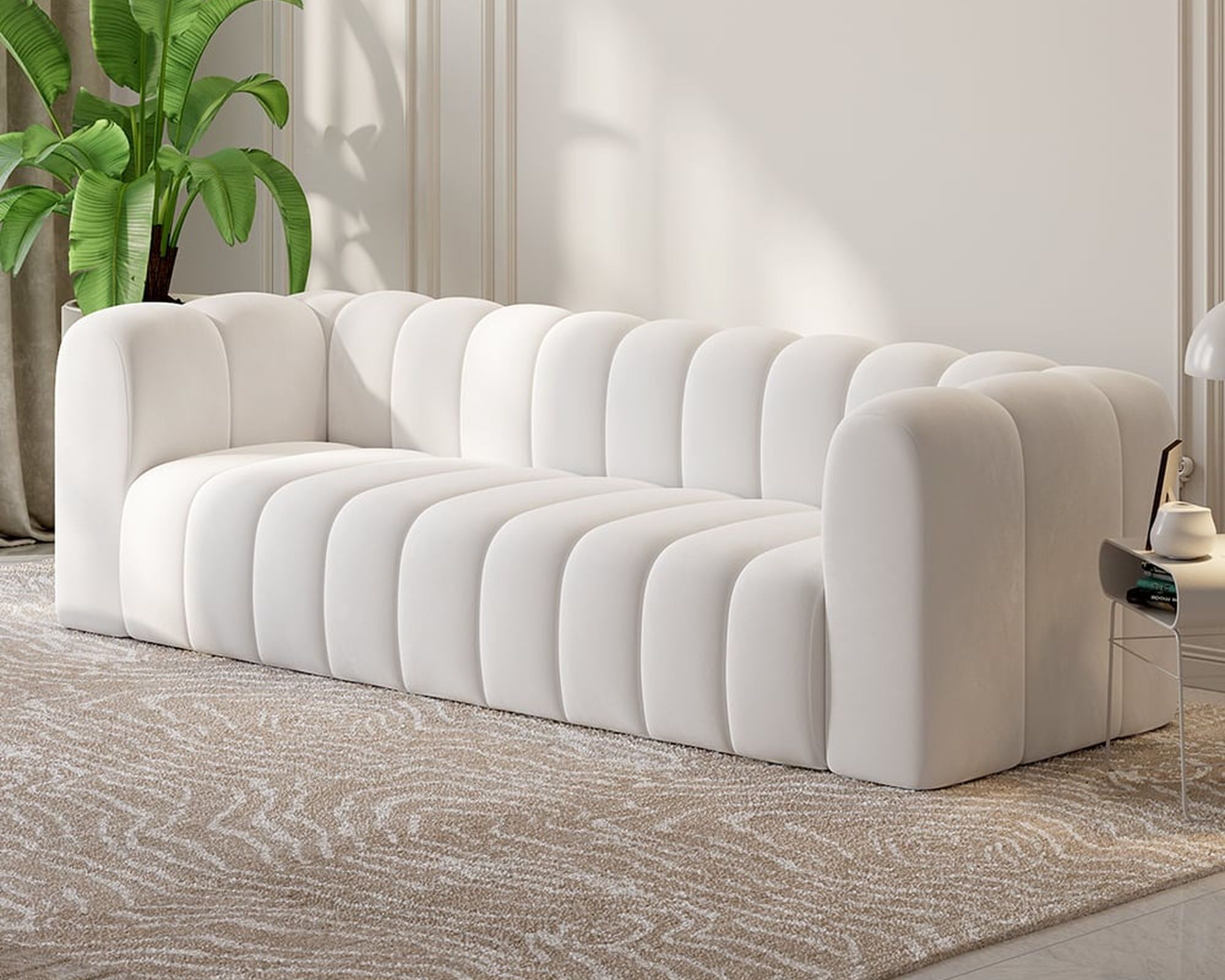 HMR Modern 3-Seater Sofa with Velvet Upholstered - White