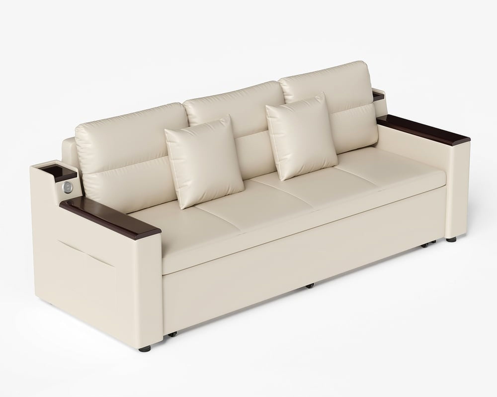 HMR 83" King 3-Seater Sleeper Sofa with Trundle & USB Port - Beige, Leath-Aire