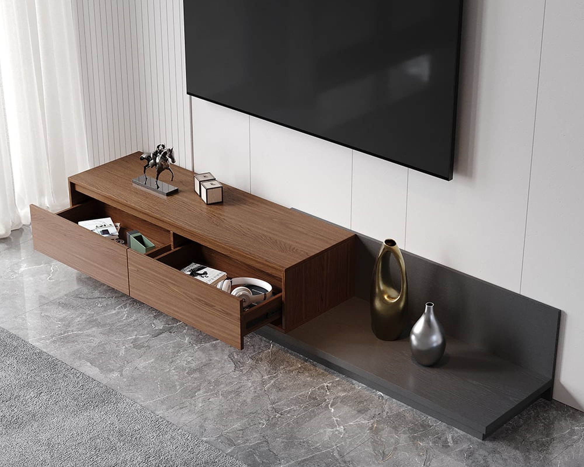 HMR Fero Extendable TV Stand with Drawers - Walnut & Gray, MDF, 47"