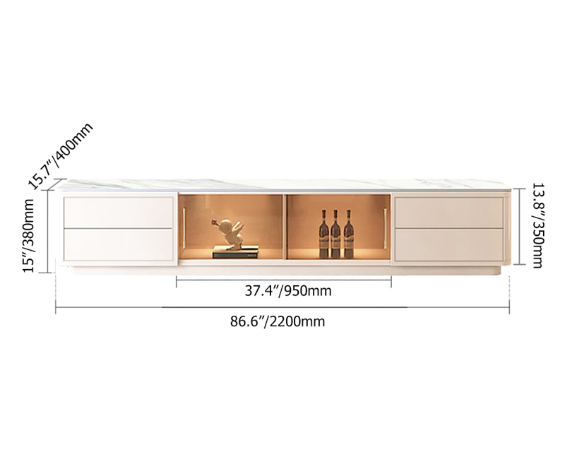 HMR Modern Wood Rectangle TV Stand Sintered Stone Top 4-Drawer Glass Doors Media Console - White, Large