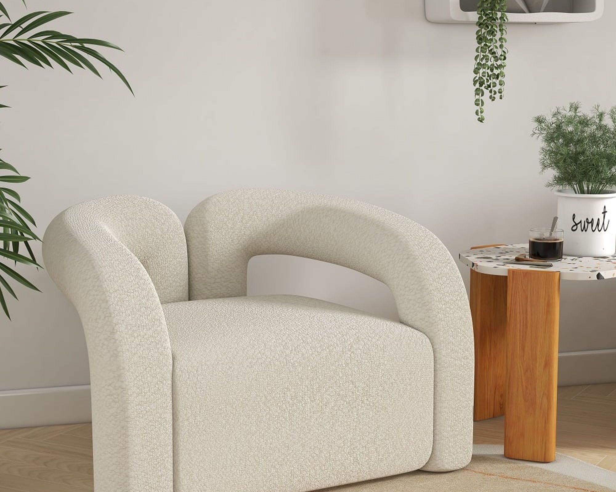 HMR Japandi Boucle Accent Chair Shaggy Armchair for Living Room - White