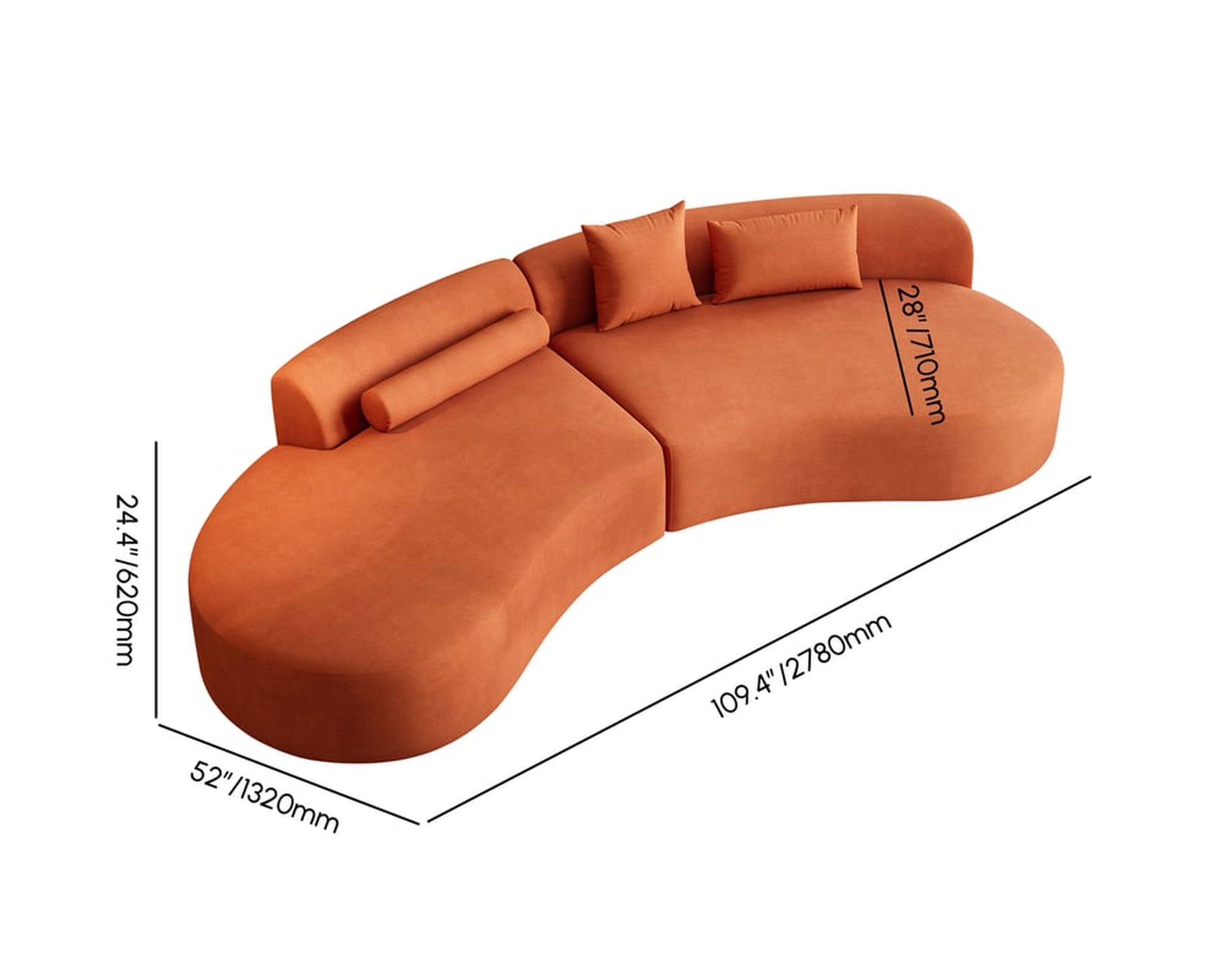 HMR 109" 2-Piece Curved Sectional Sofa with Pillows - Orange, Velvet