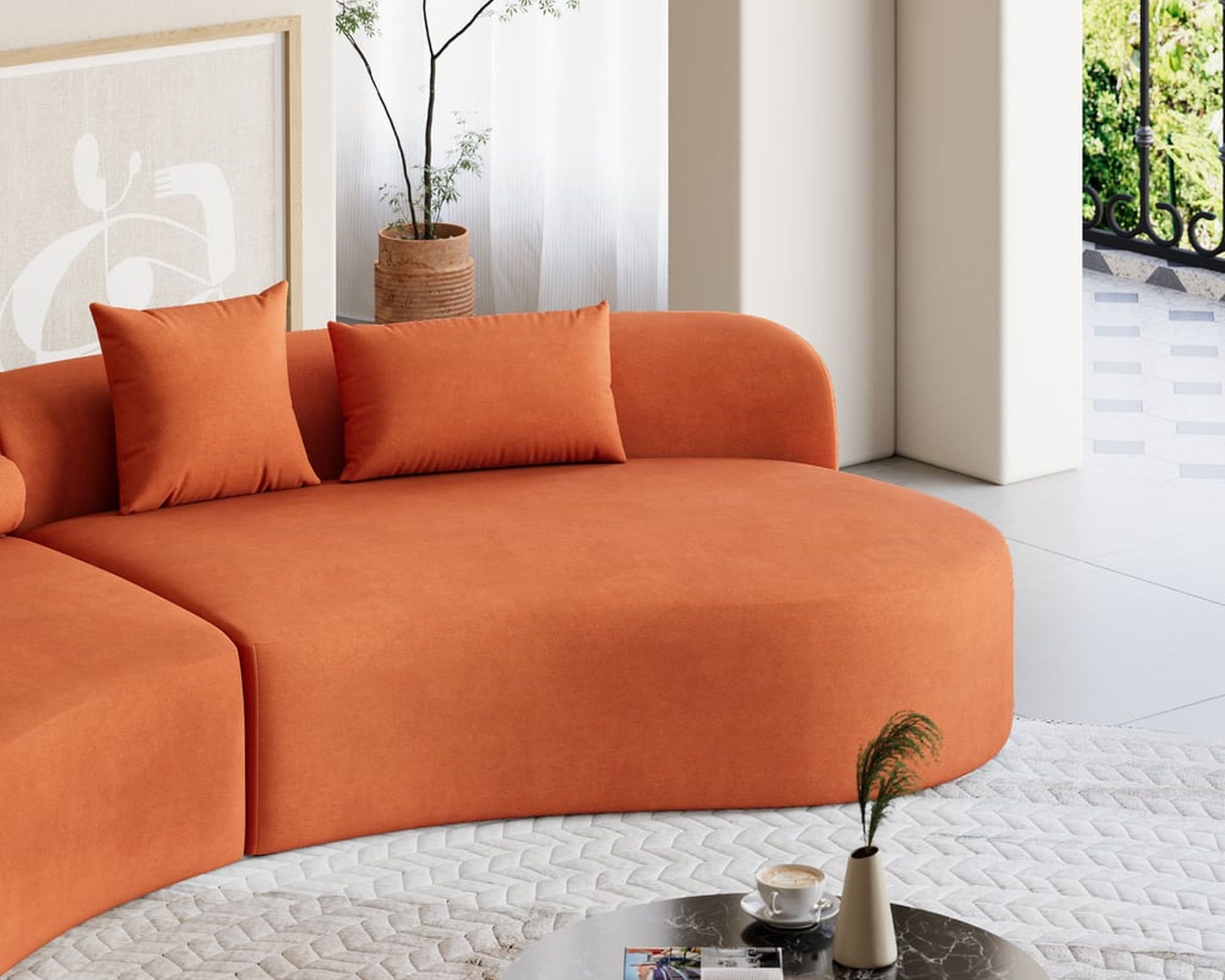 HMR 109" 2-Piece Curved Sectional Sofa with Pillows - Orange, Velvet