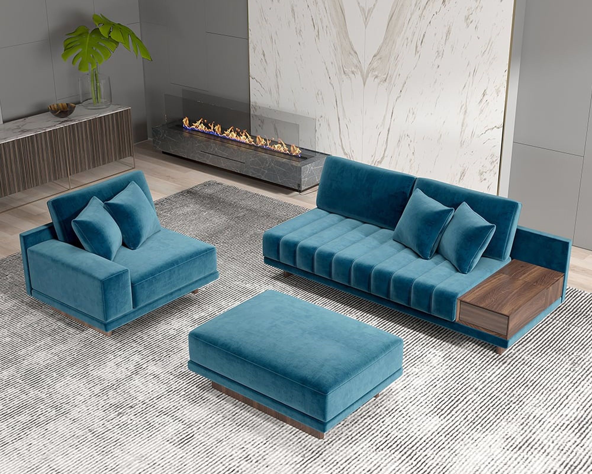 HMR 126" L-Shaped Modular Sectional with Chaise & Ottoman - Blue, Velvet