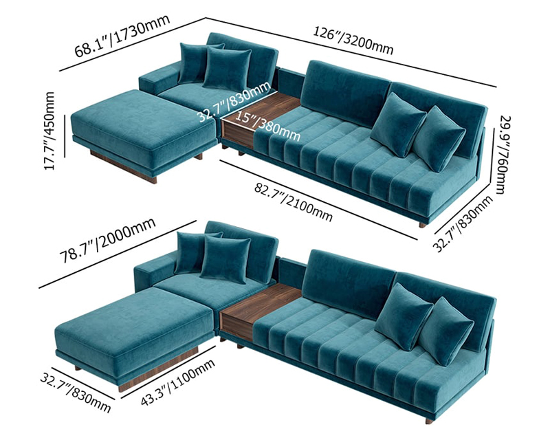 HMR 126" L-Shaped Modular Sectional with Chaise & Ottoman - Blue, Velvet