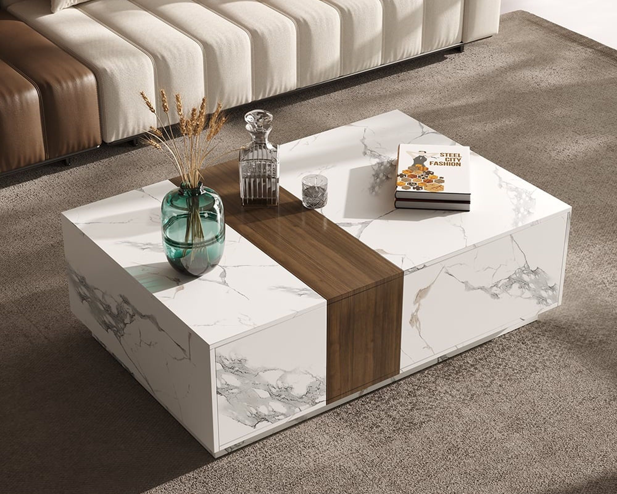 HMR Vewal 47.2" Marble & Walnut Veneer Block Coffee Table with 2 Drawers