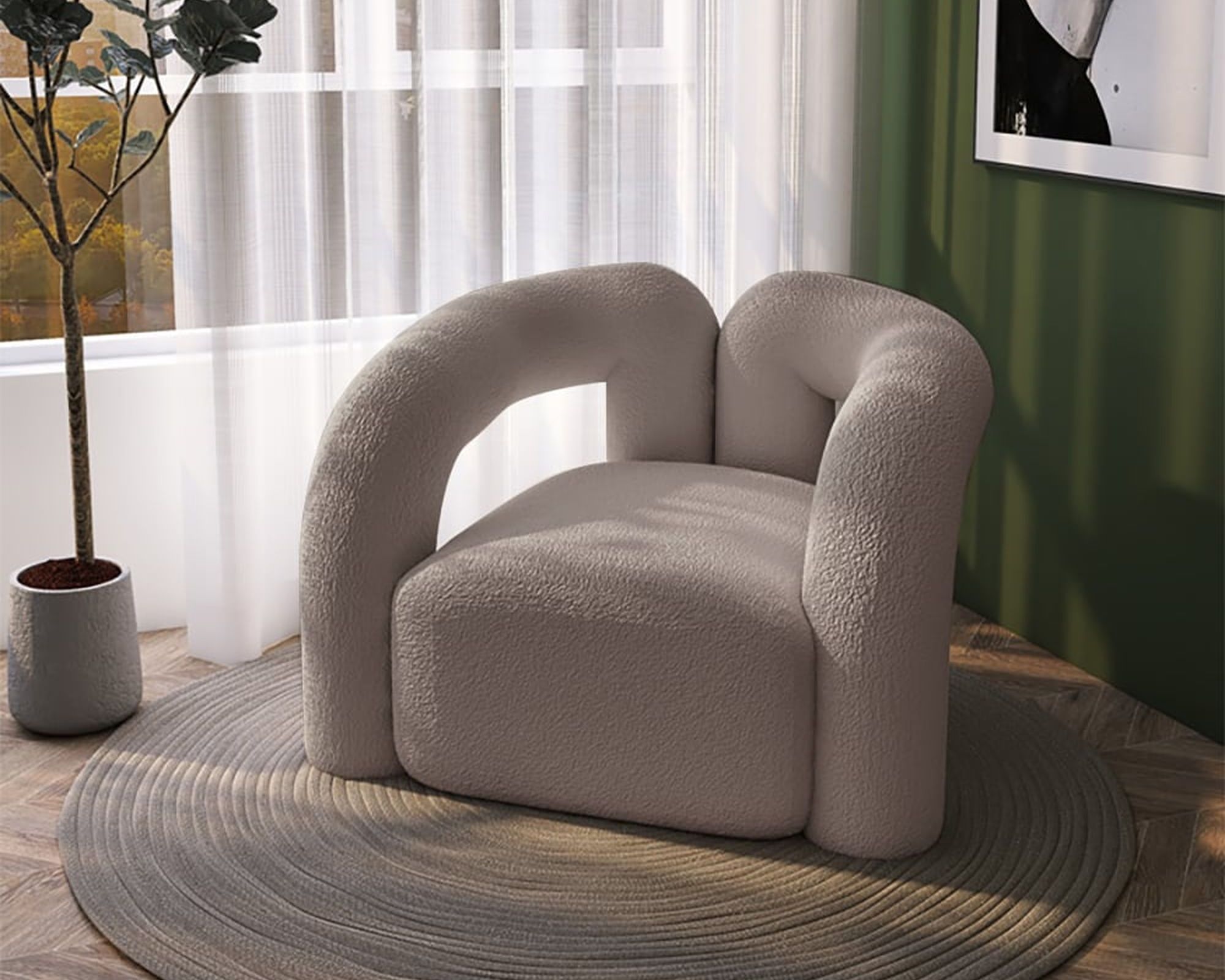 HMR Japandi Boucle Accent Chair Shaggy Armchair for Living Room