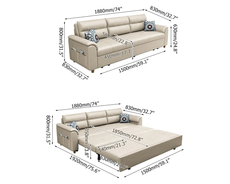 HMR Queen 2-Seater Sleeper Sofa - Beige, Leath-aire