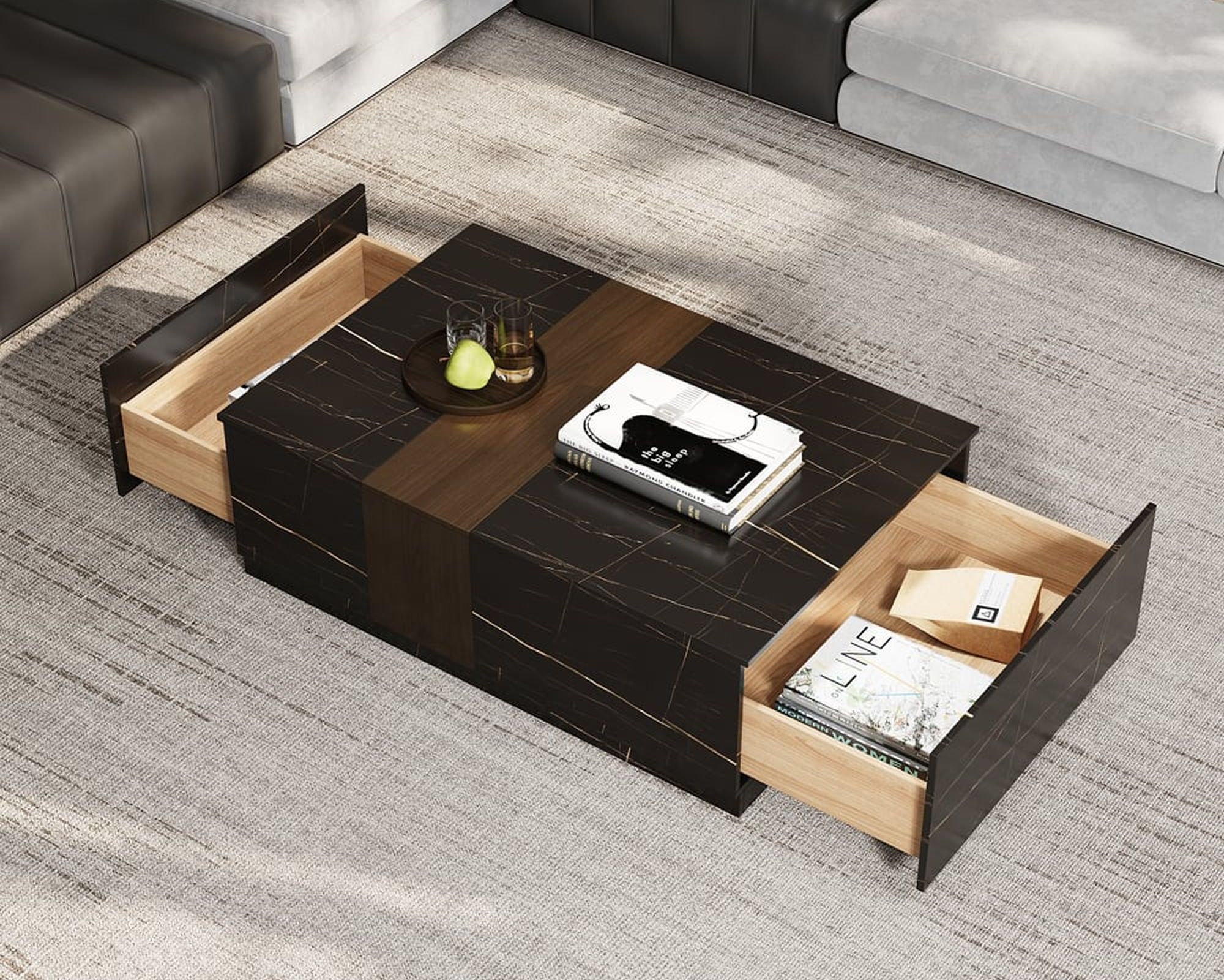 HMR Vewal 47.2" Marble & Walnut Veneer Block Coffee Table with 2 Drawers - Black & Walnut