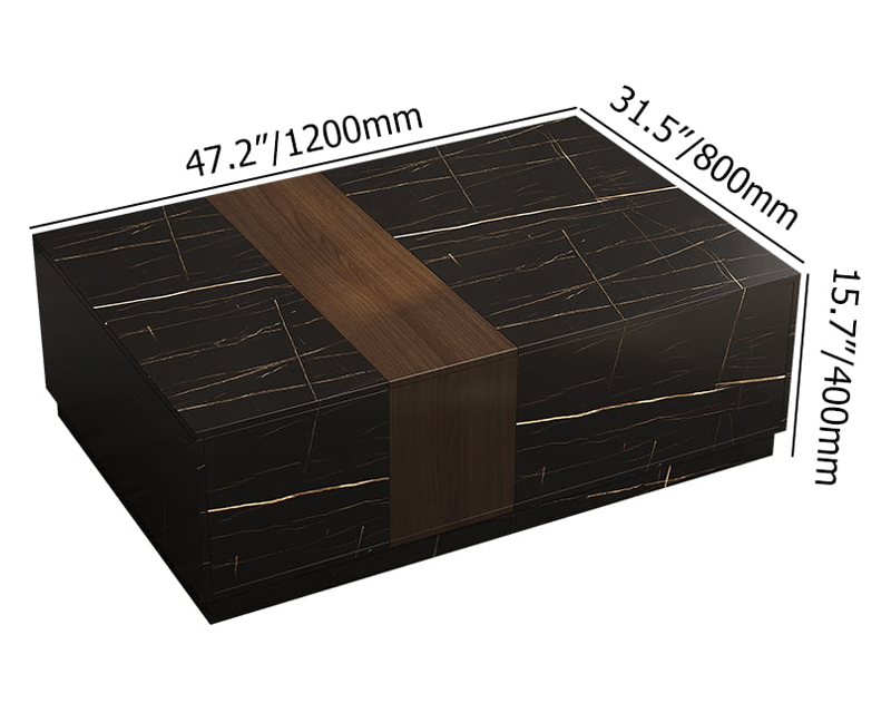 HMR Vewal 47.2" Marble & Walnut Veneer Block Coffee Table with 2 Drawers - Black & Walnut