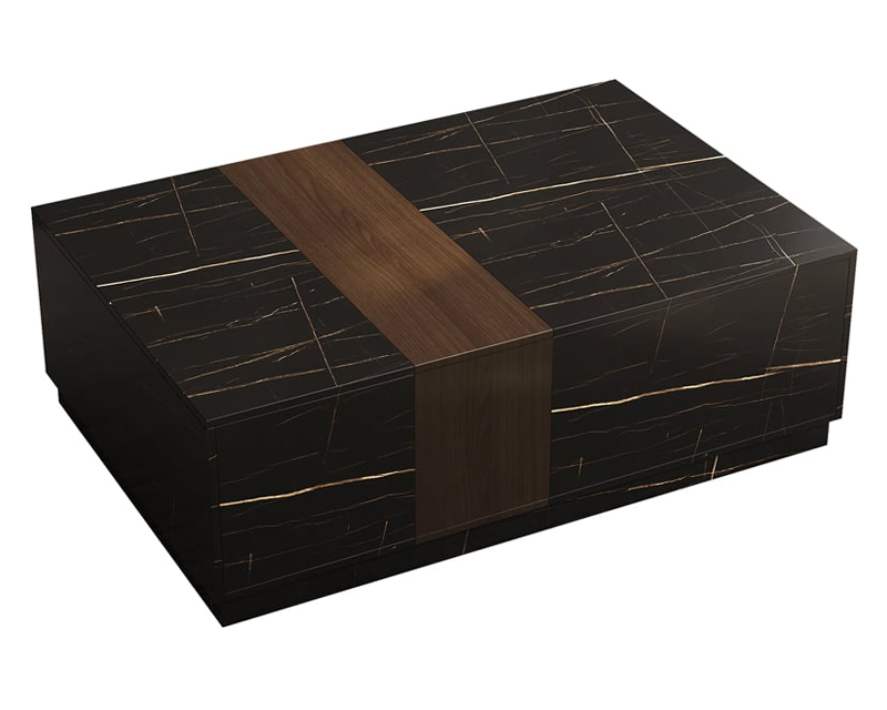 HMR Vewal 47.2" Marble & Walnut Veneer Block Coffee Table with 2 Drawers - Black & Walnut