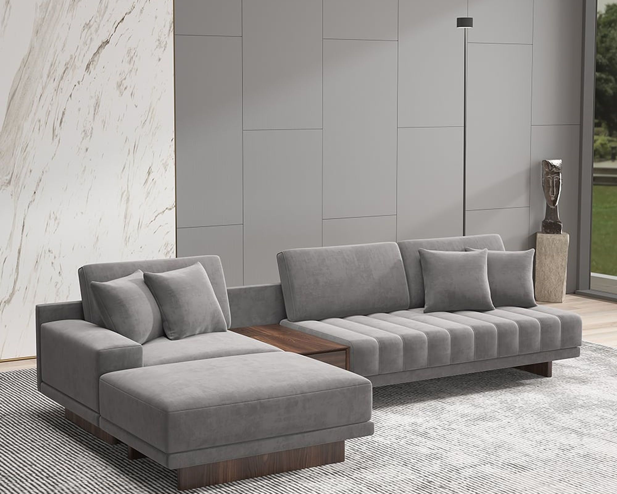 HMR 126" L-Shaped Modular Sectional with Chaise & Ottoman - Gray, Velvet