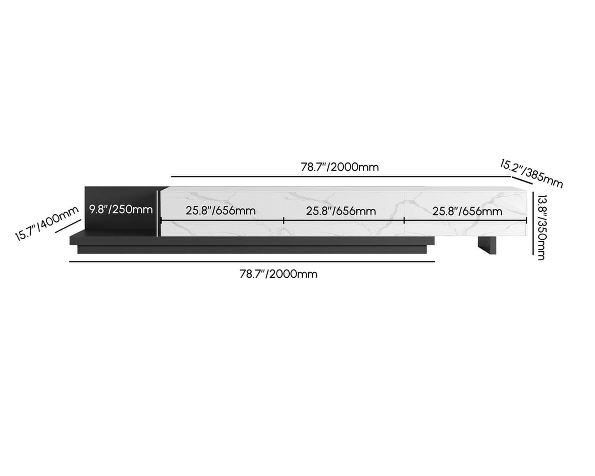 HMR Fero Extendable TV Stand with Drawers - White & Black, Sintered Stone, 79"