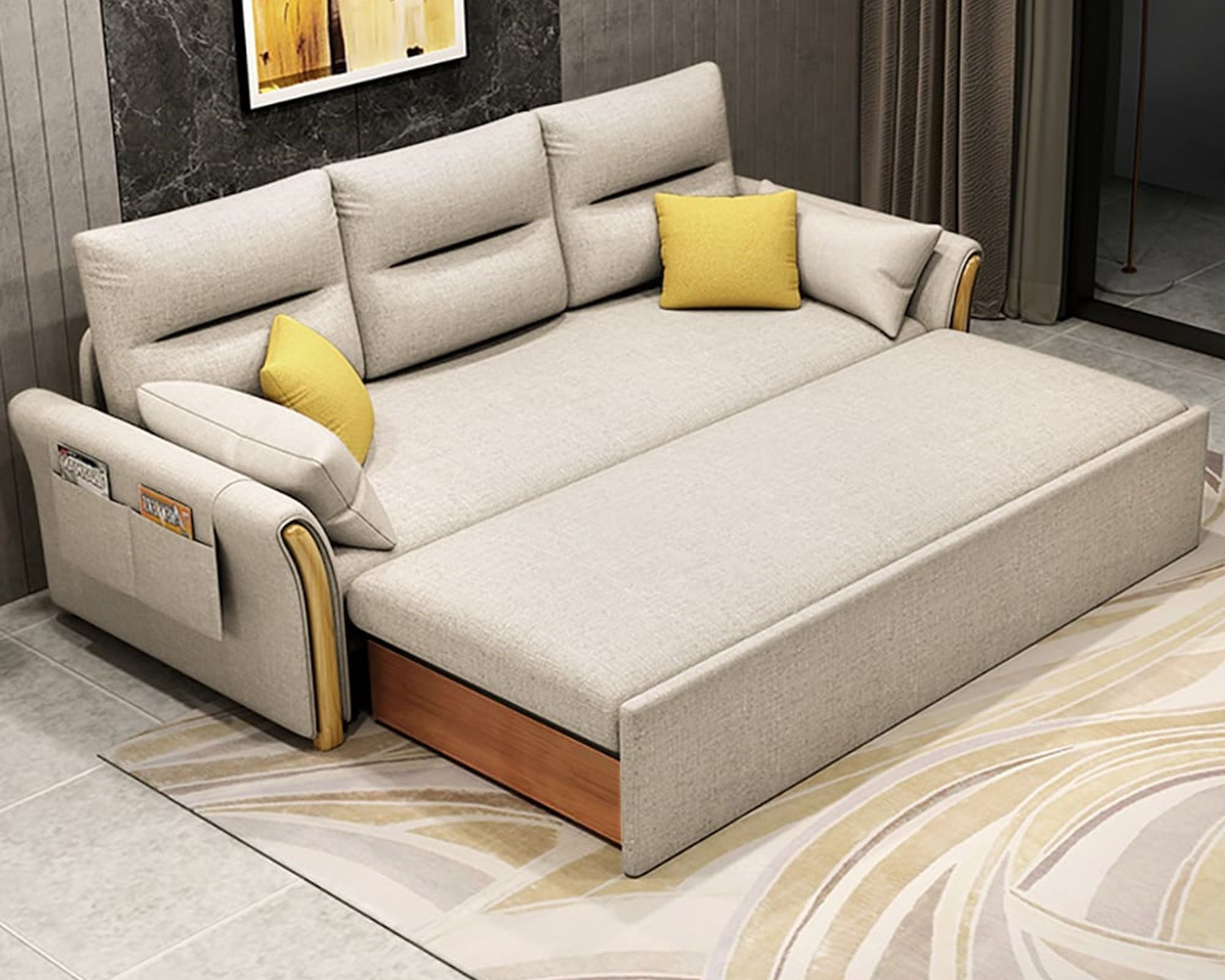 HMR King 3-Seater Convertible Sleeper Sofa - Beige, Linen