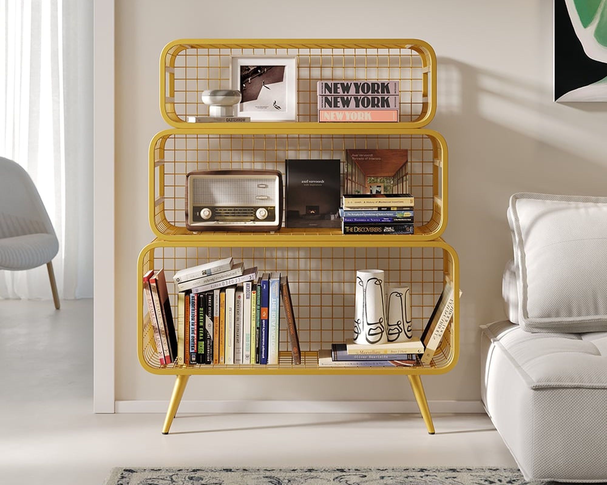 HMR Modern Mesh Standing 48" Etagere Bookshelf - Gold