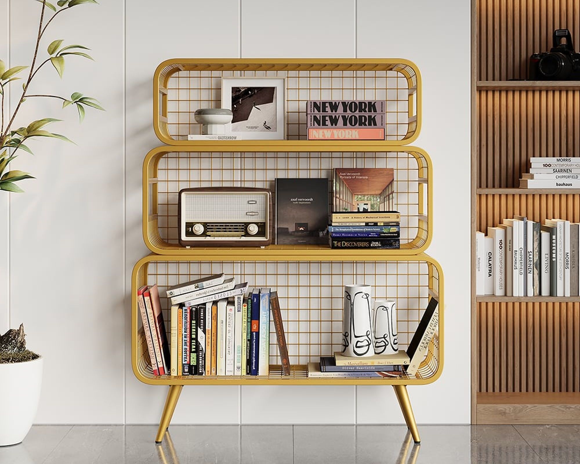 HMR Modern Mesh Standing 48" Etagere Bookshelf - Gold